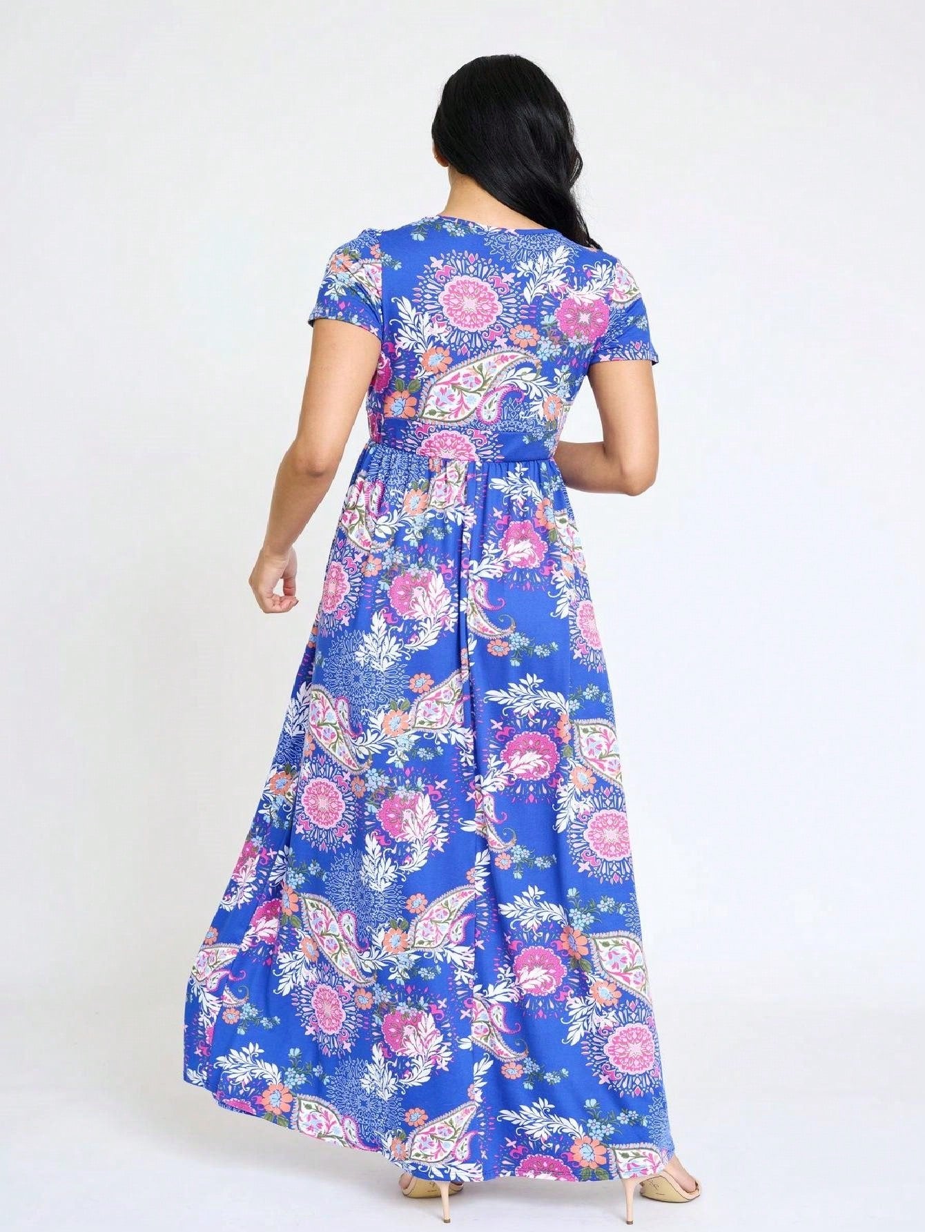 Elegant Floral Maxi Dress With Plunging Neckline Short Sleeve Surplice Sash Versatile Summer Dress For Women