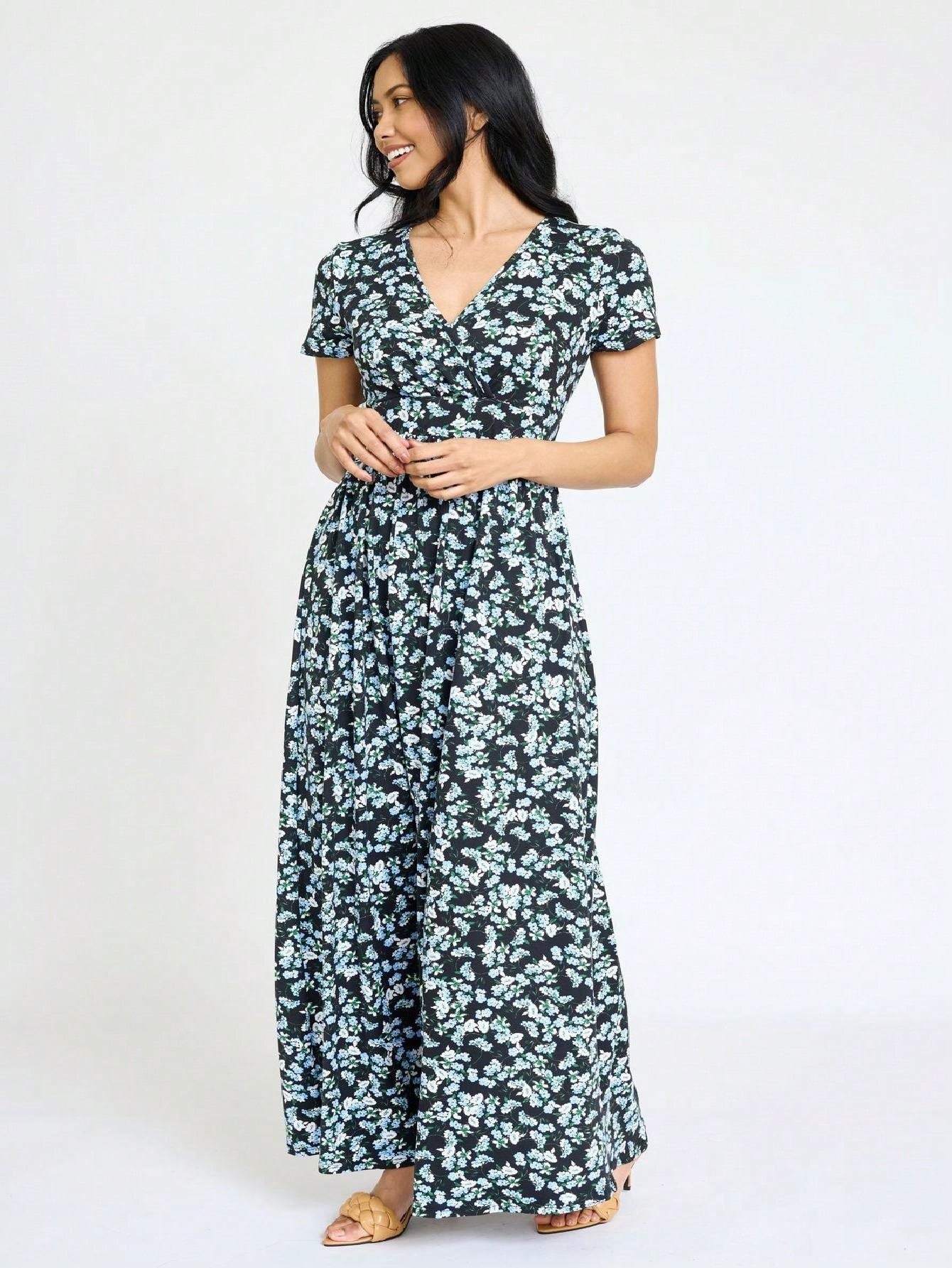 Elegant Floral Maxi Dress With Plunging Neckline Short Sleeve Surplice Sash Versatile Summer Dress For Women