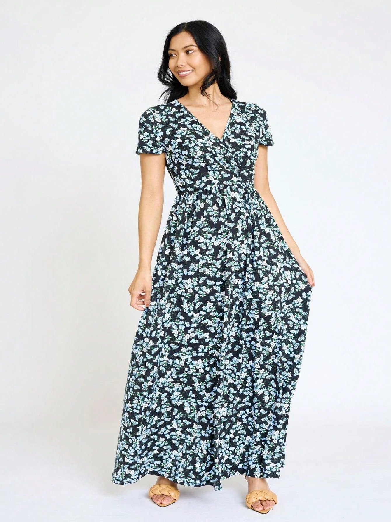 Elegant Floral Maxi Dress With Plunging Neckline Short Sleeve Surplice Sash Versatile Summer Dress For Women