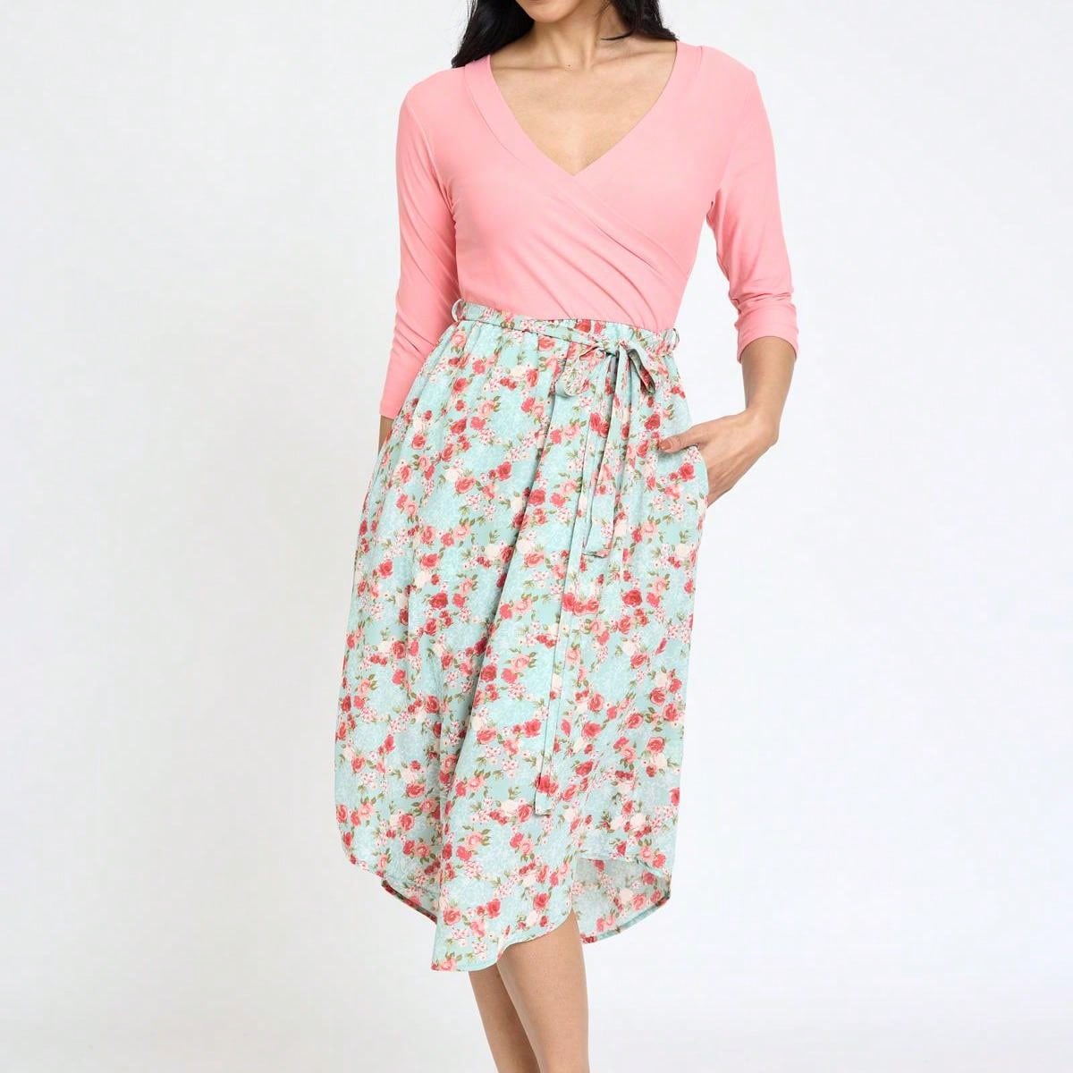 Contrast Surplice Ditsy Floral Midi Dress With Sash | 2 Colors | S-3X