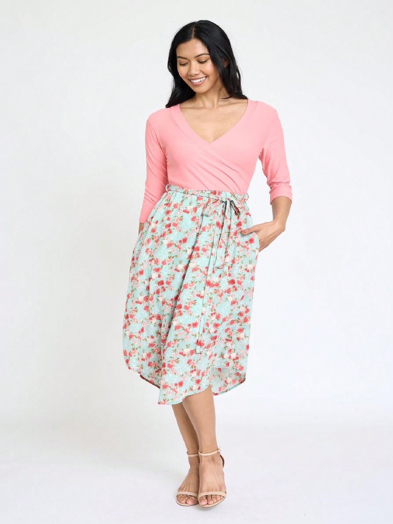 Contrast Surplice Ditsy Floral Midi Dress With Sash | 2 Colors | S-3X