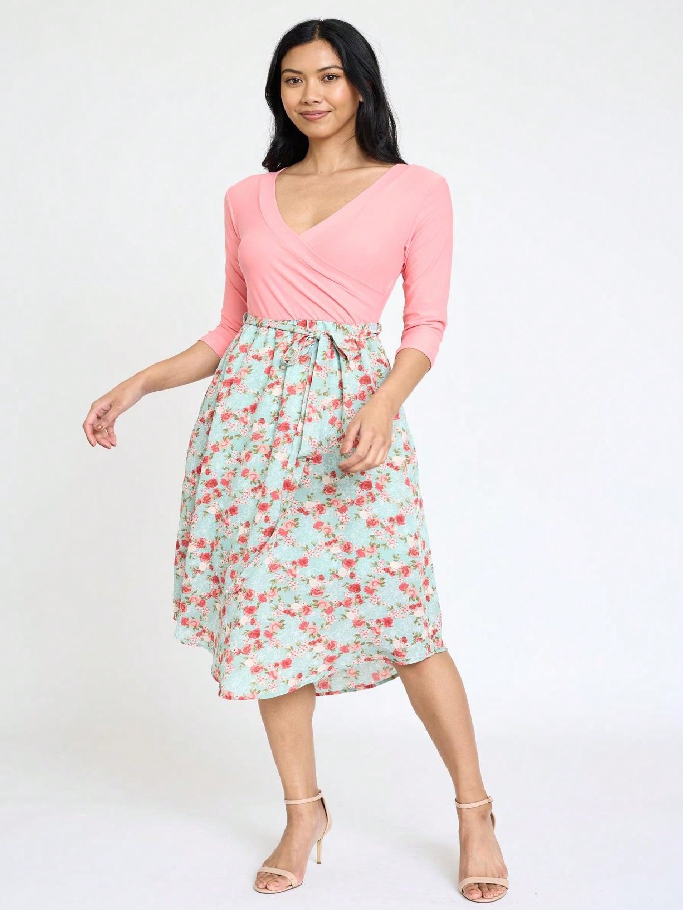 Contrast Surplice Ditsy Floral Midi Dress With Sash | 2 Colors | S-3X