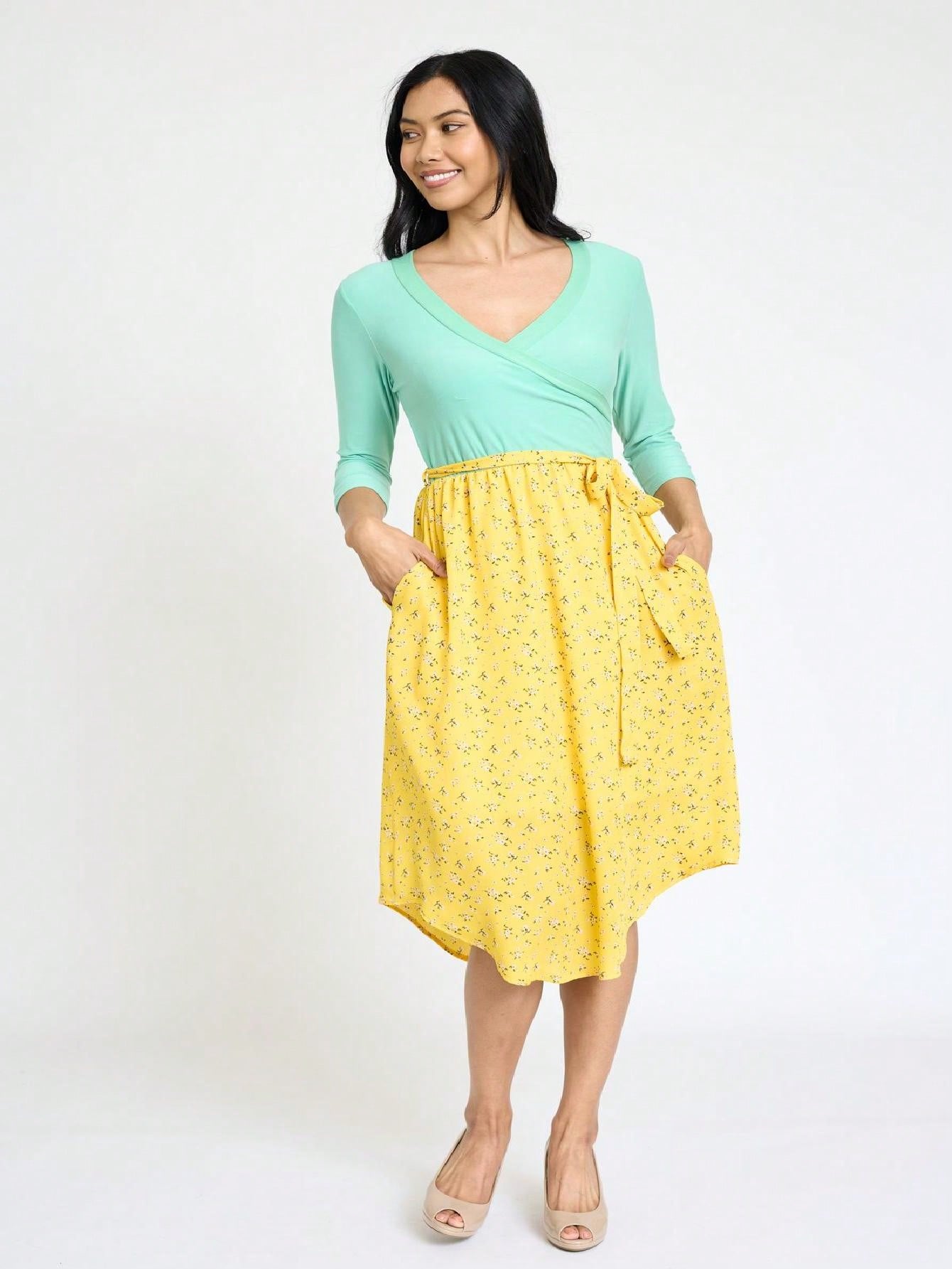 Contrast Surplice Ditsy Floral Midi Dress With Sash | 2 Colors | S-3X