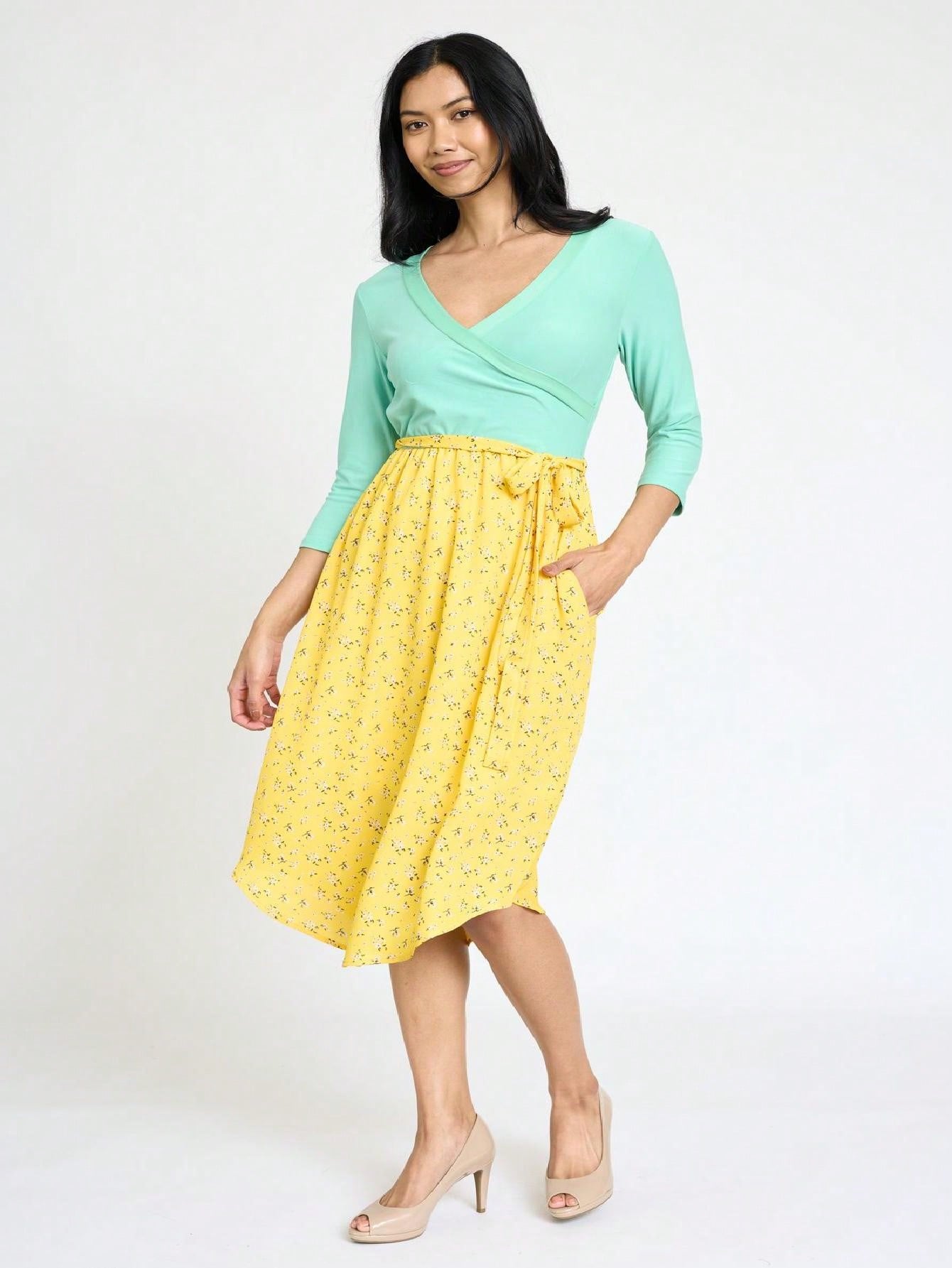 Contrast Surplice Ditsy Floral Midi Dress With Sash | 2 Colors | S-3X