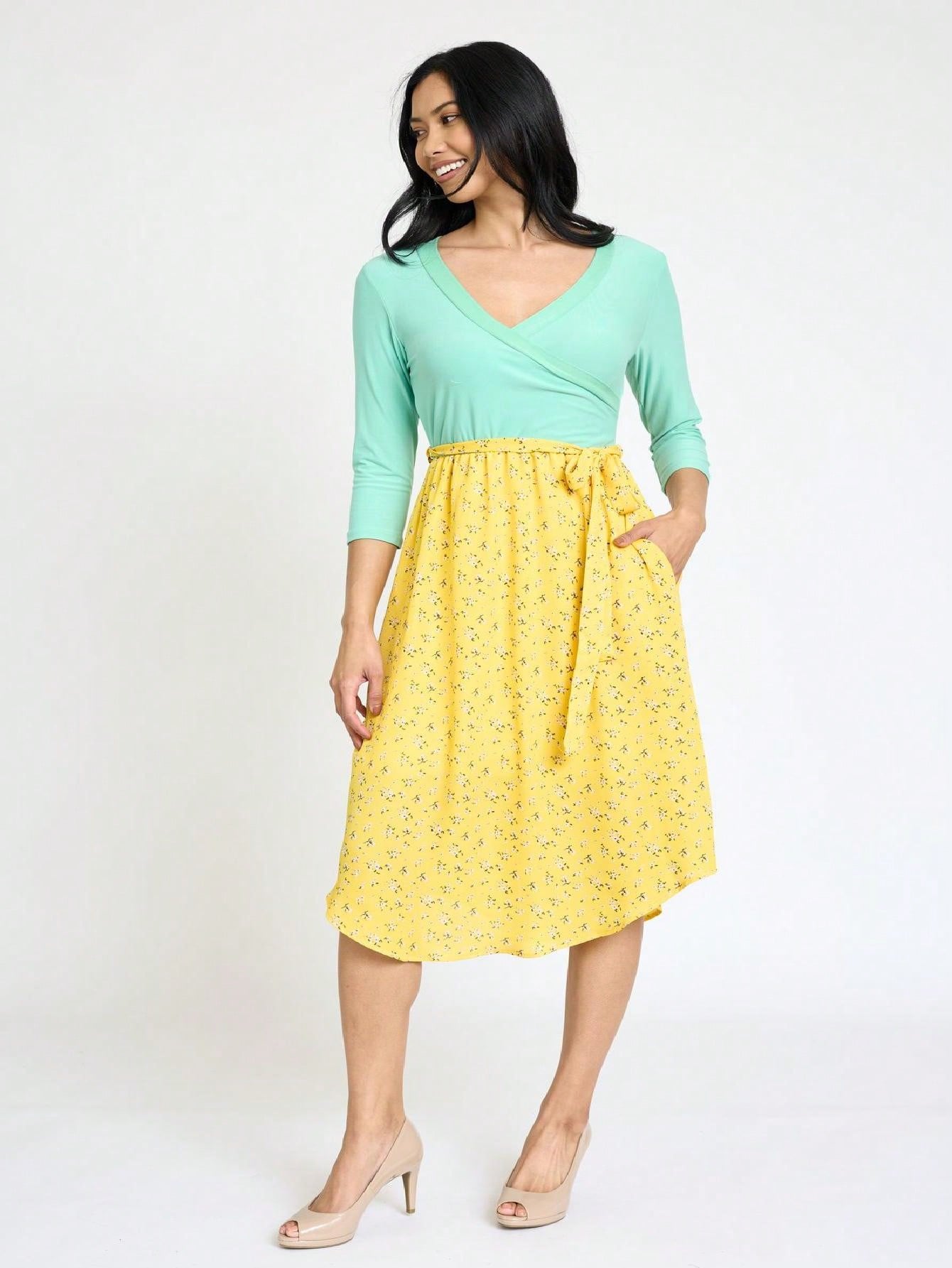 Contrast Surplice Ditsy Floral Midi Dress With Sash | 2 Colors | S-3X