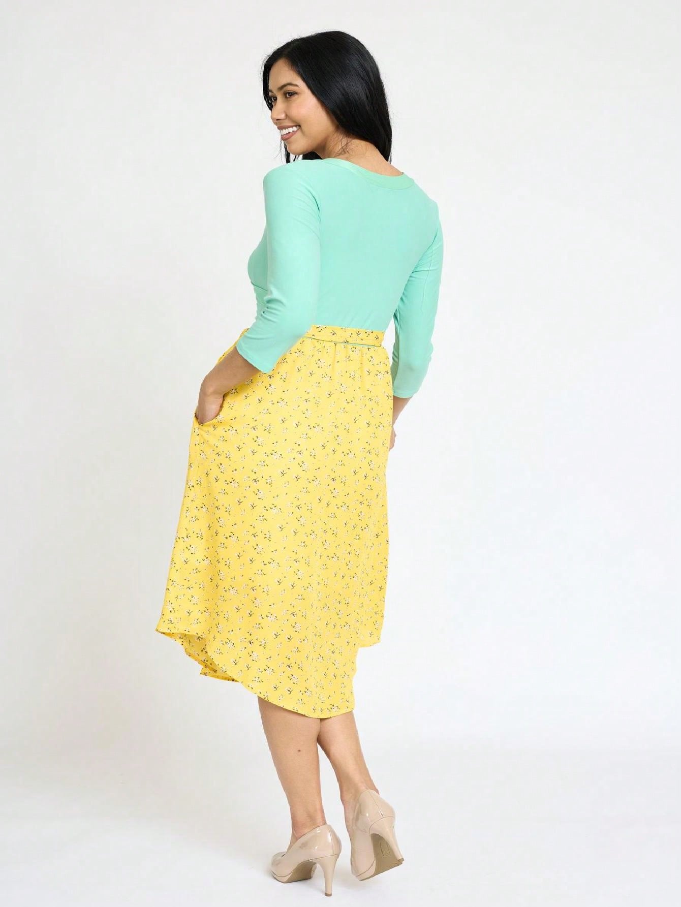 Contrast Surplice Ditsy Floral Midi Dress With Sash | 2 Colors | S-3X