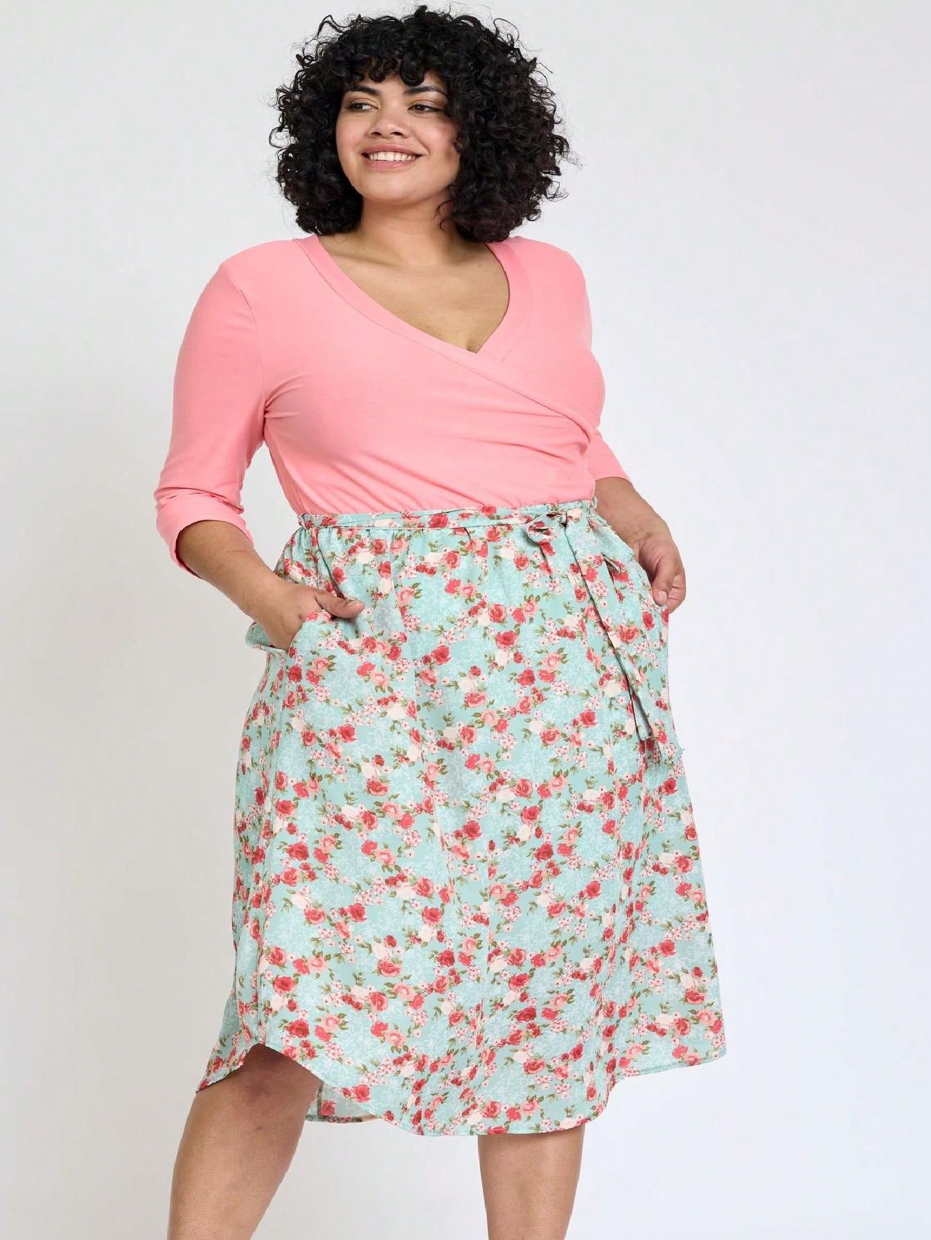 Contrast Surplice Ditsy Floral Midi Dress With Sash | 2 Colors | S-3X