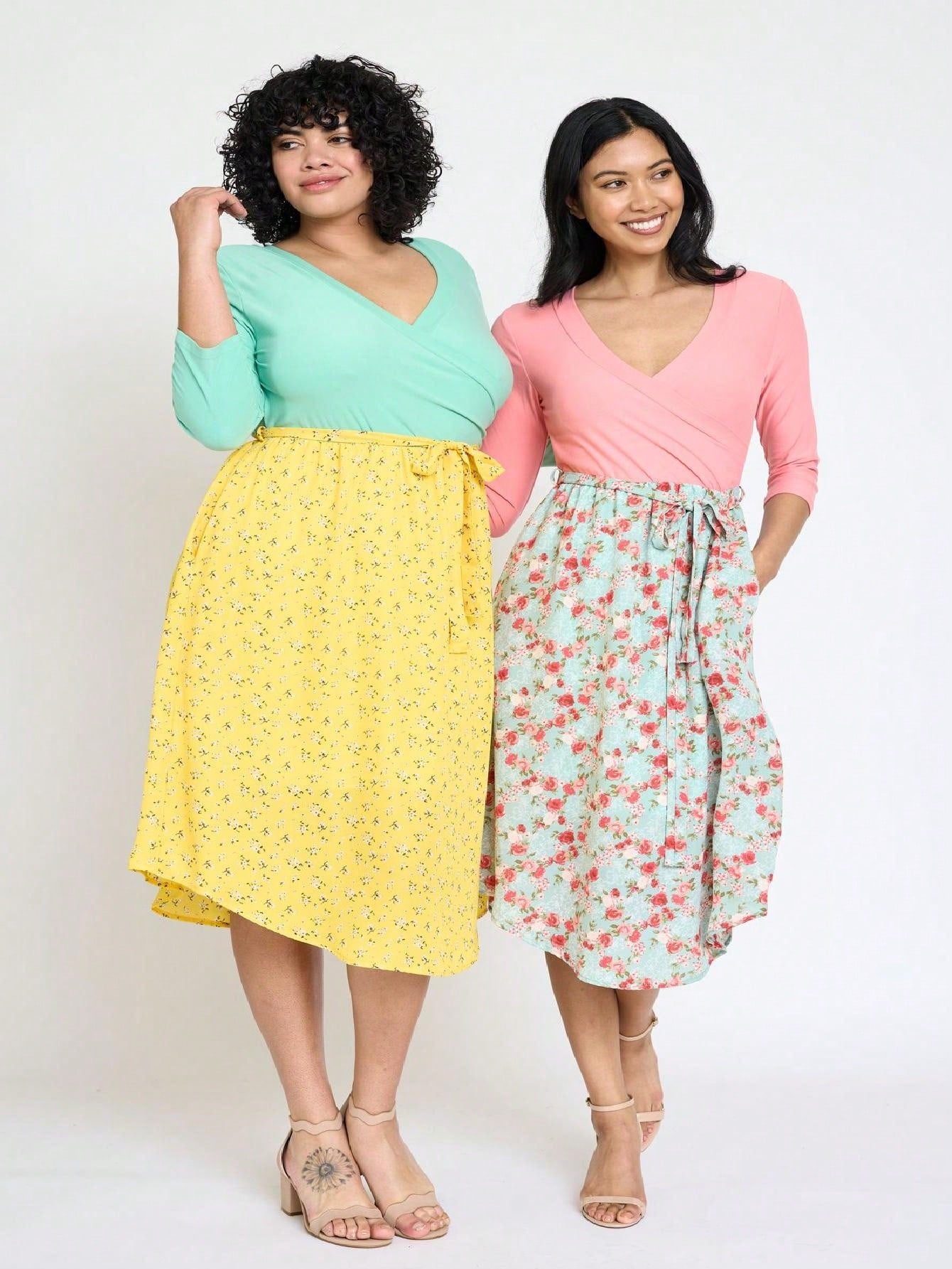 Contrast Surplice Ditsy Floral Midi Dress With Sash | 2 Colors | S-3X