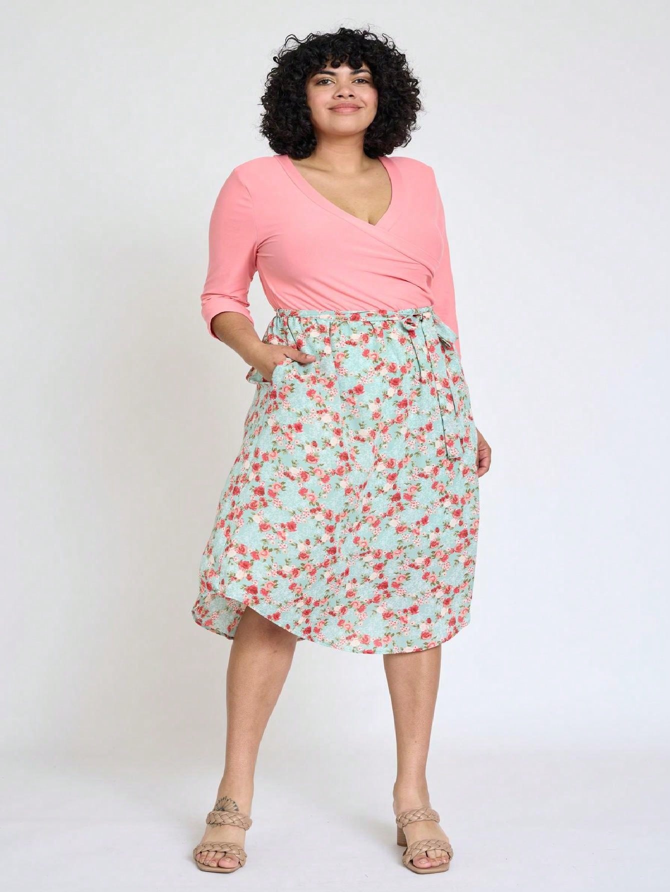 Contrast Surplice Ditsy Floral Midi Dress With Sash | 2 Colors | S-3X
