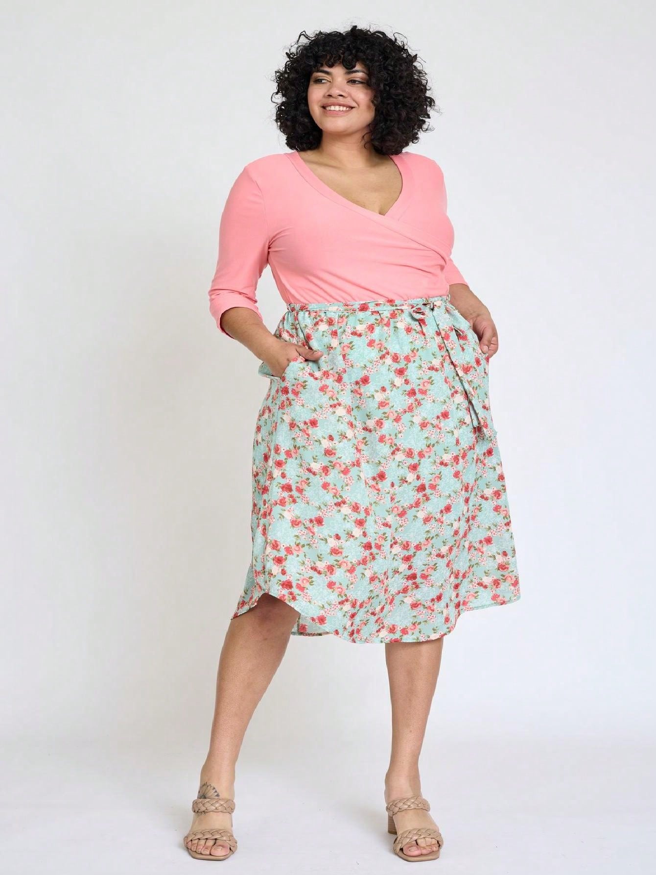 Contrast Surplice Ditsy Floral Midi Dress With Sash | 2 Colors | S-3X