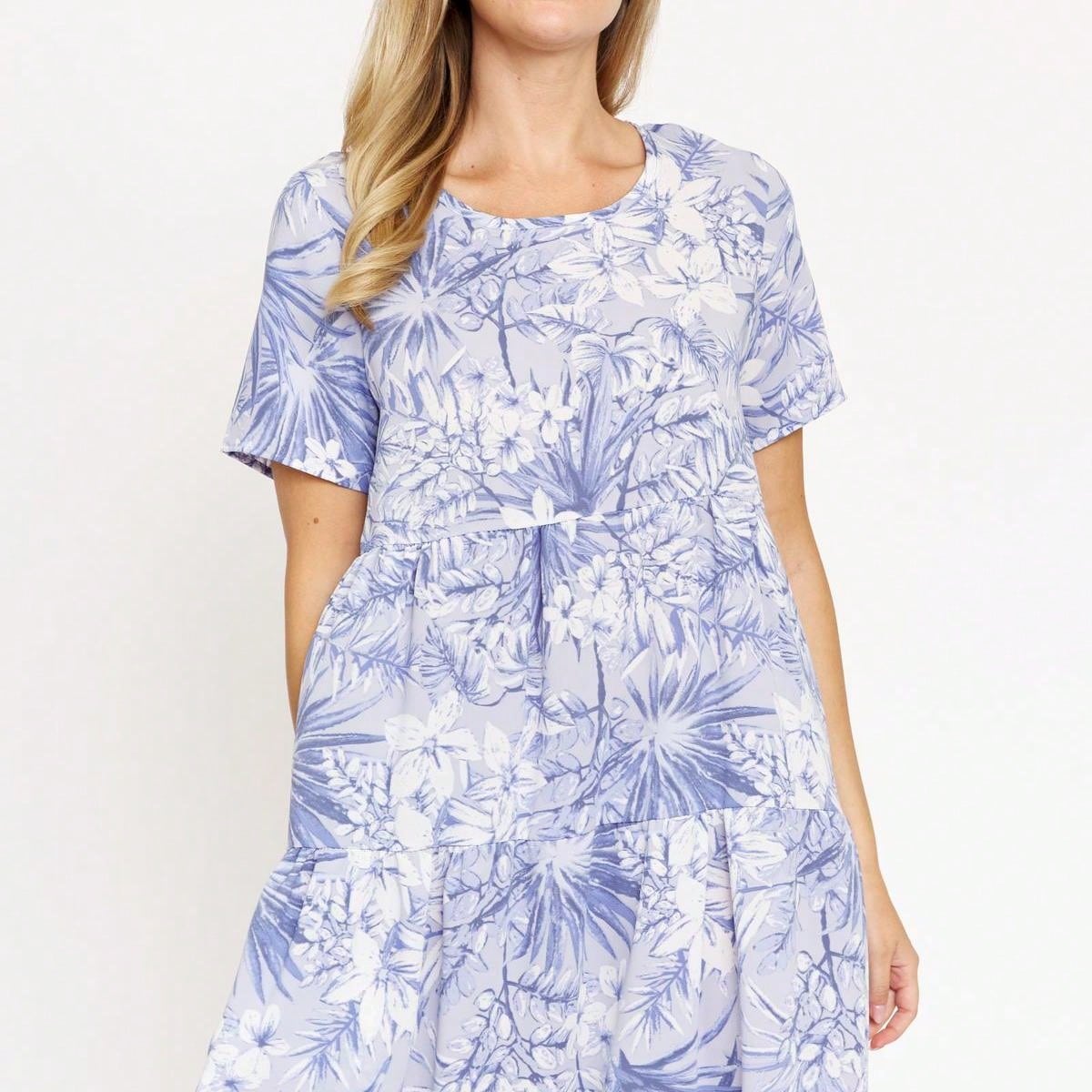 Tiered Tropical Short Sleeve Leaves Floral  Maxi Long Woven Dress