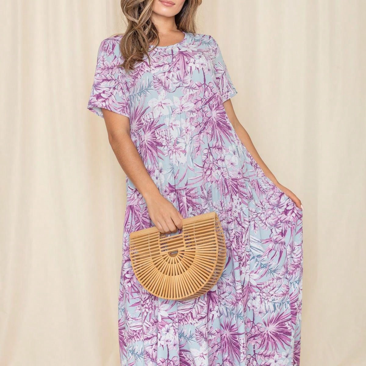 Tiered Tropical Short Sleeve Leaves Floral  Maxi Long Woven Dress