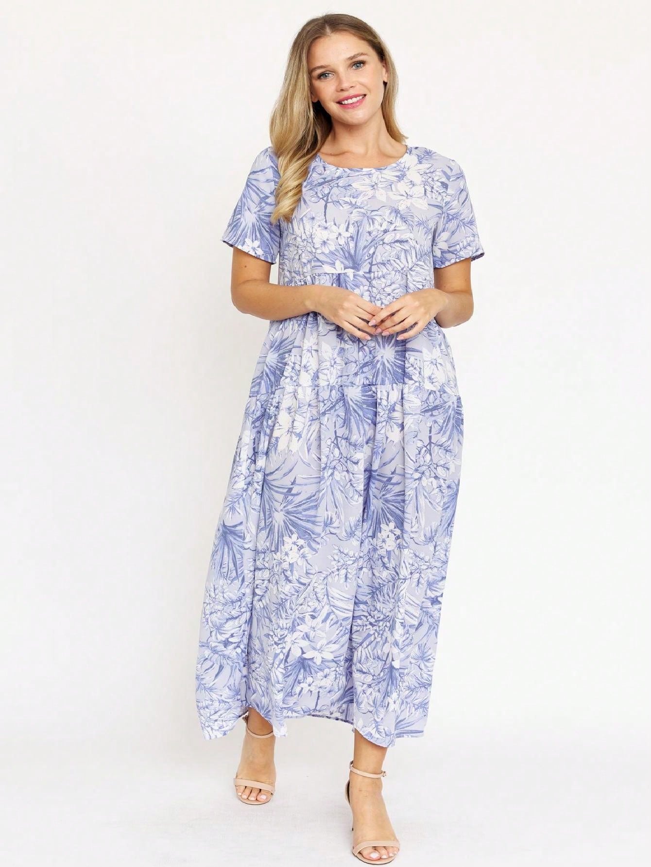 Tiered Tropical Short Sleeve Leaves Floral  Maxi Long Woven Dress
