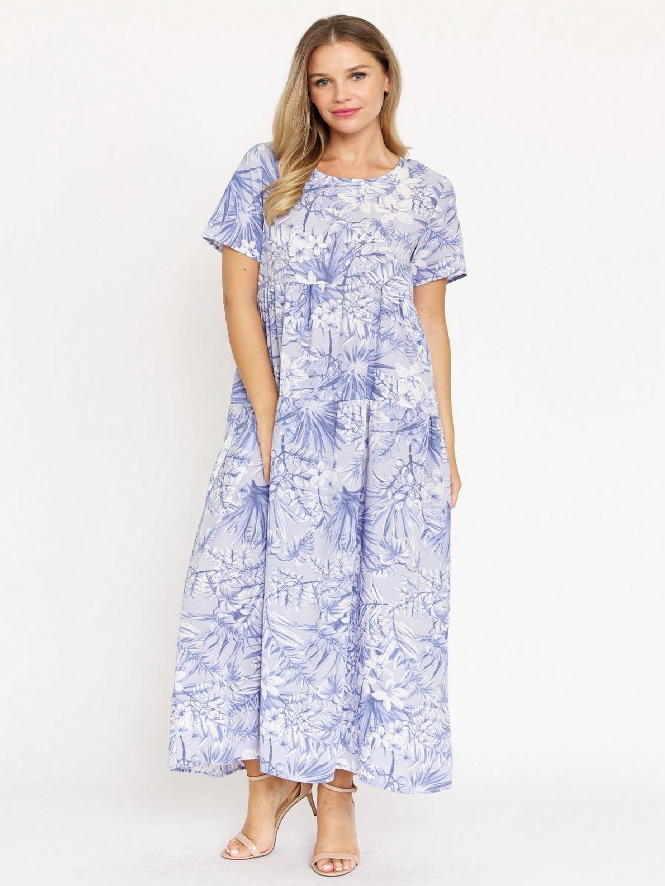 Tiered Tropical Short Sleeve Leaves Floral  Maxi Long Woven Dress