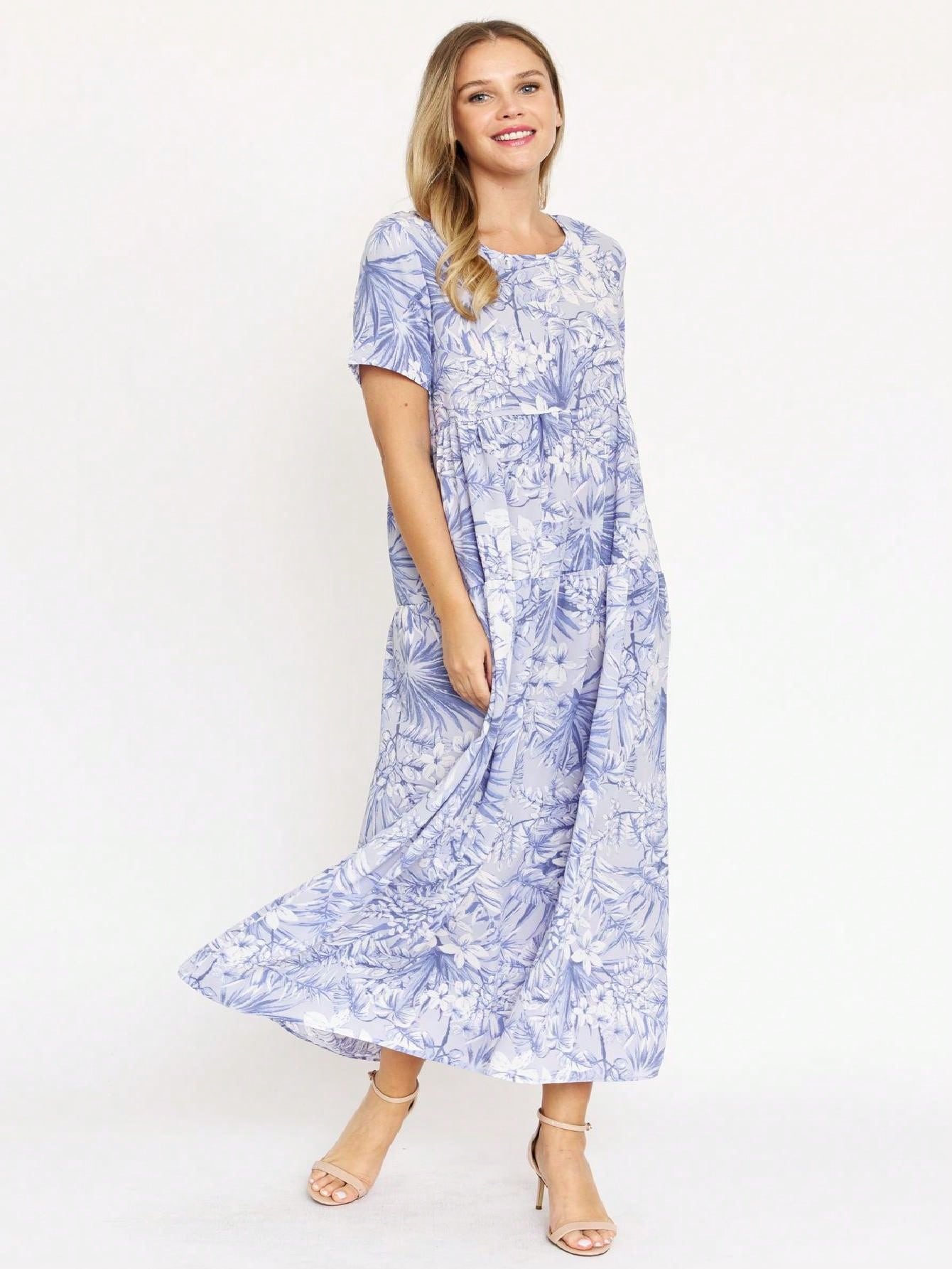 Tiered Tropical Short Sleeve Leaves Floral  Maxi Long Woven Dress