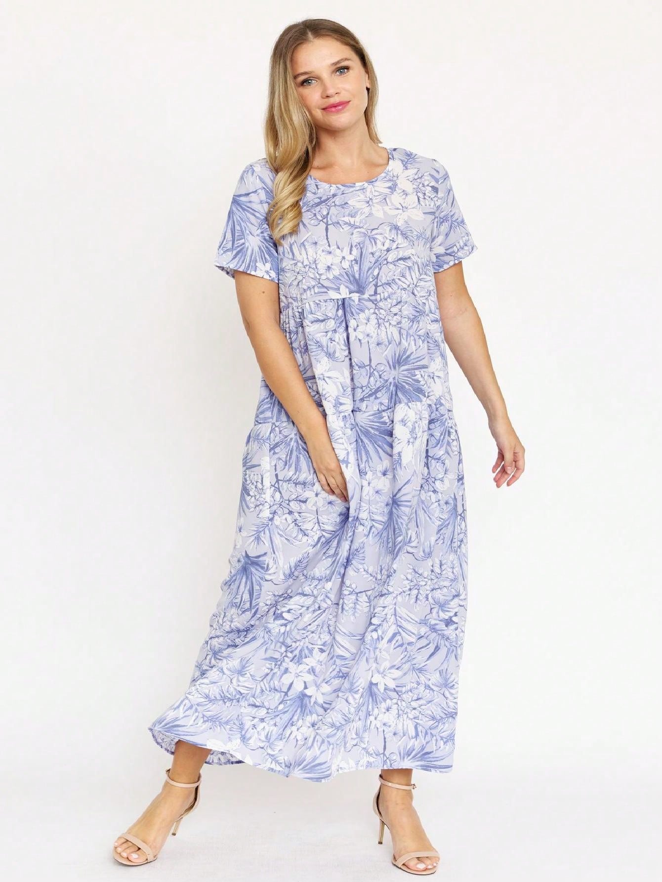 Tiered Tropical Short Sleeve Leaves Floral  Maxi Long Woven Dress