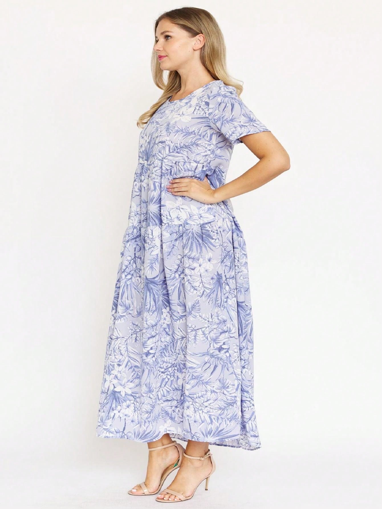 Tiered Tropical Short Sleeve Leaves Floral  Maxi Long Woven Dress