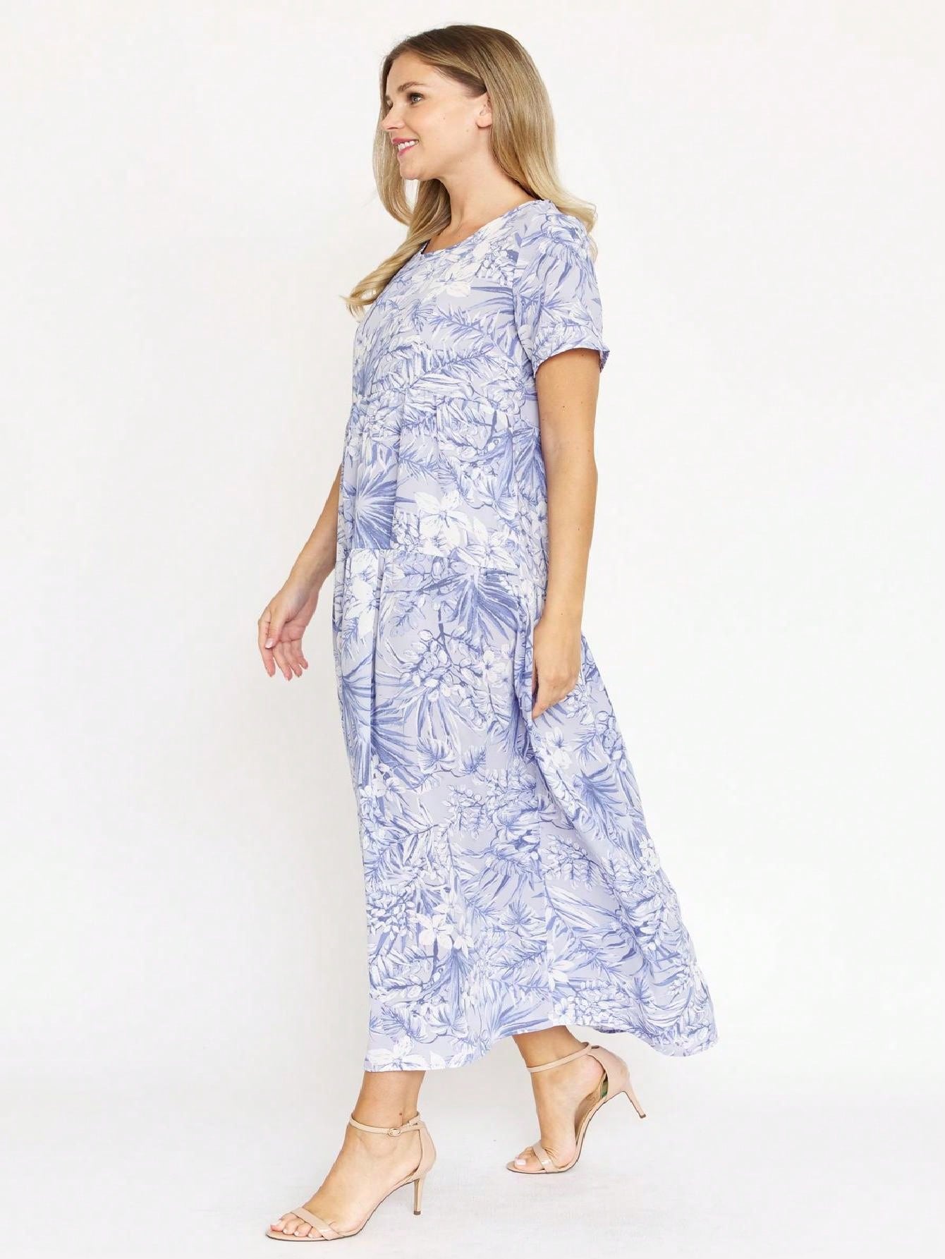 Tiered Tropical Short Sleeve Leaves Floral  Maxi Long Woven Dress