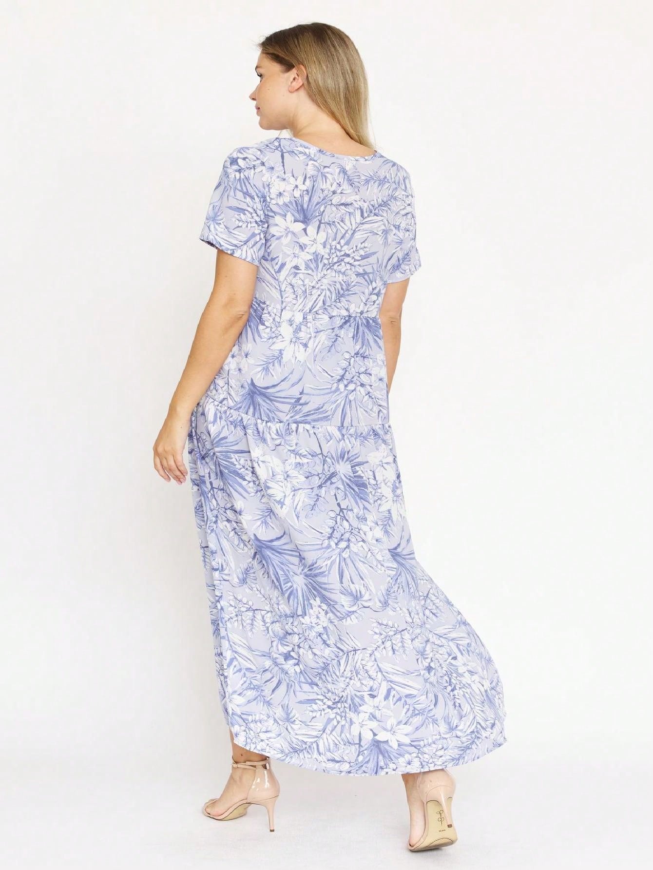 Tiered Tropical Short Sleeve Leaves Floral  Maxi Long Woven Dress