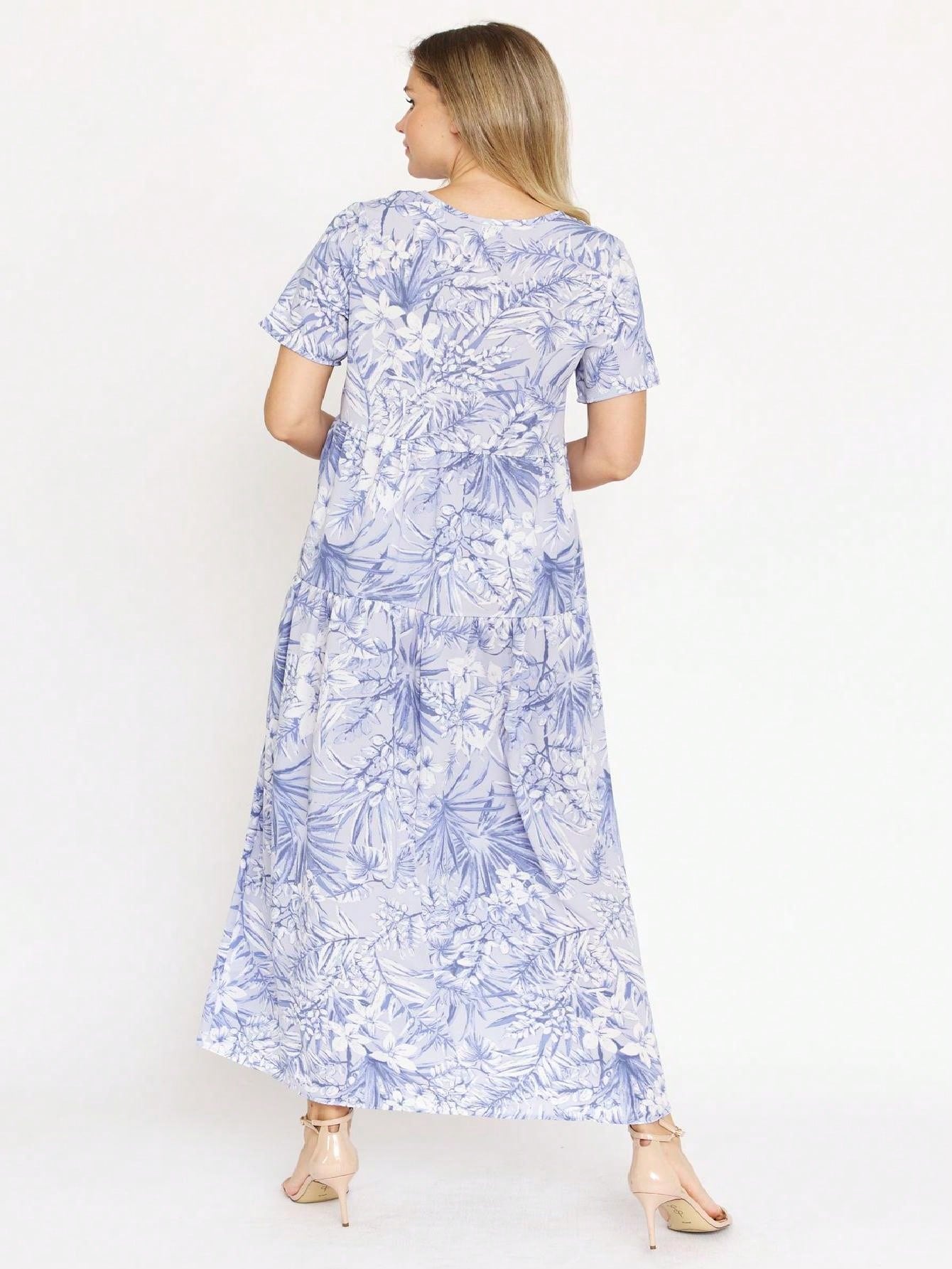 Tiered Tropical Short Sleeve Leaves Floral  Maxi Long Woven Dress