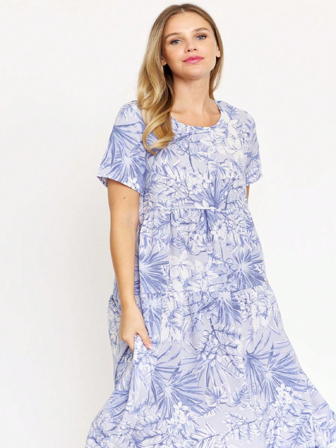 Tiered Tropical Short Sleeve Leaves Floral  Maxi Long Woven Dress