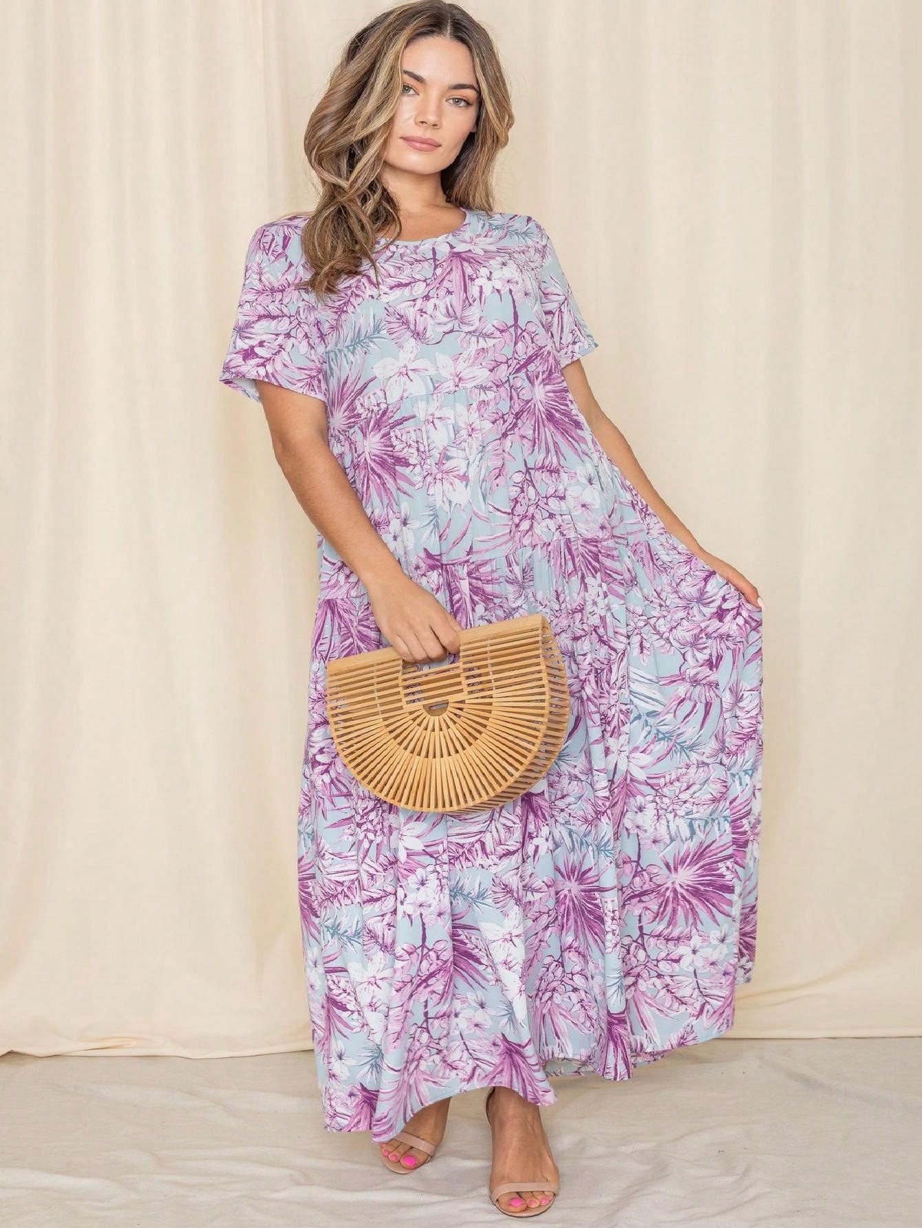 Tiered Tropical Short Sleeve Leaves Floral  Maxi Long Woven Dress
