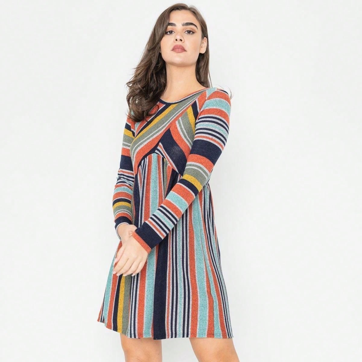 Orange & Navy Mint Multi Stripe Cross Front Knit Mini Dress | S-3X