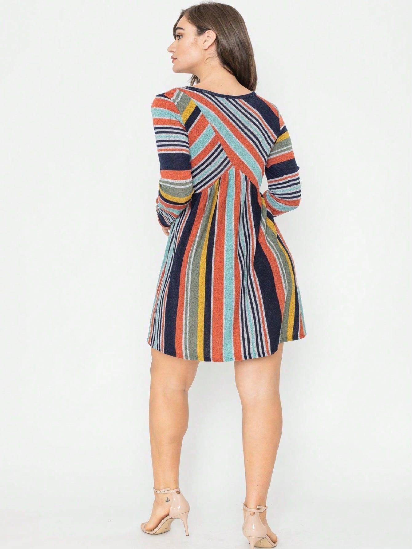 Orange & Navy Mint Multi Stripe Cross Front Knit Mini Dress | S-3X