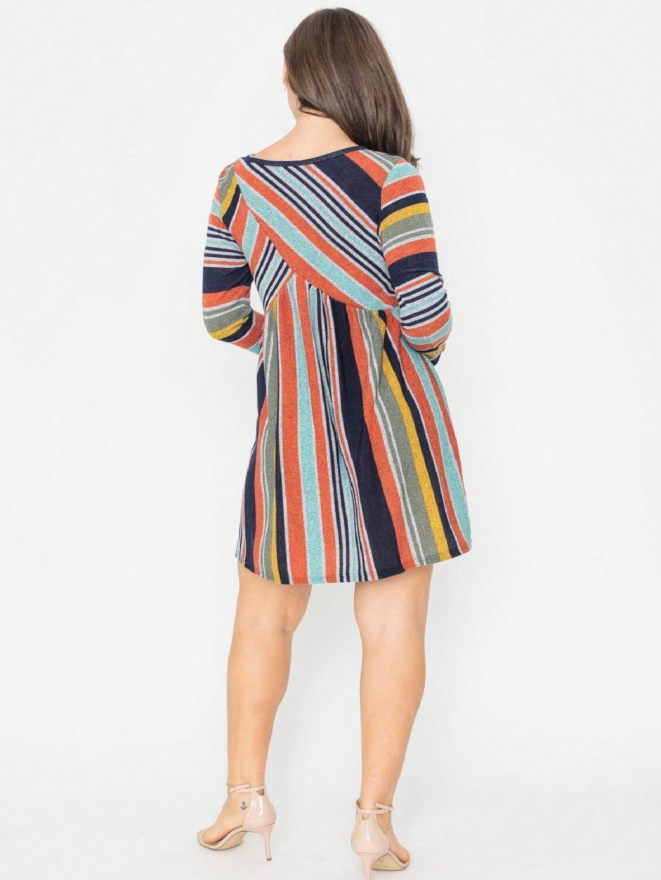 Orange & Navy Mint Multi Stripe Cross Front Knit Mini Dress | S-3X