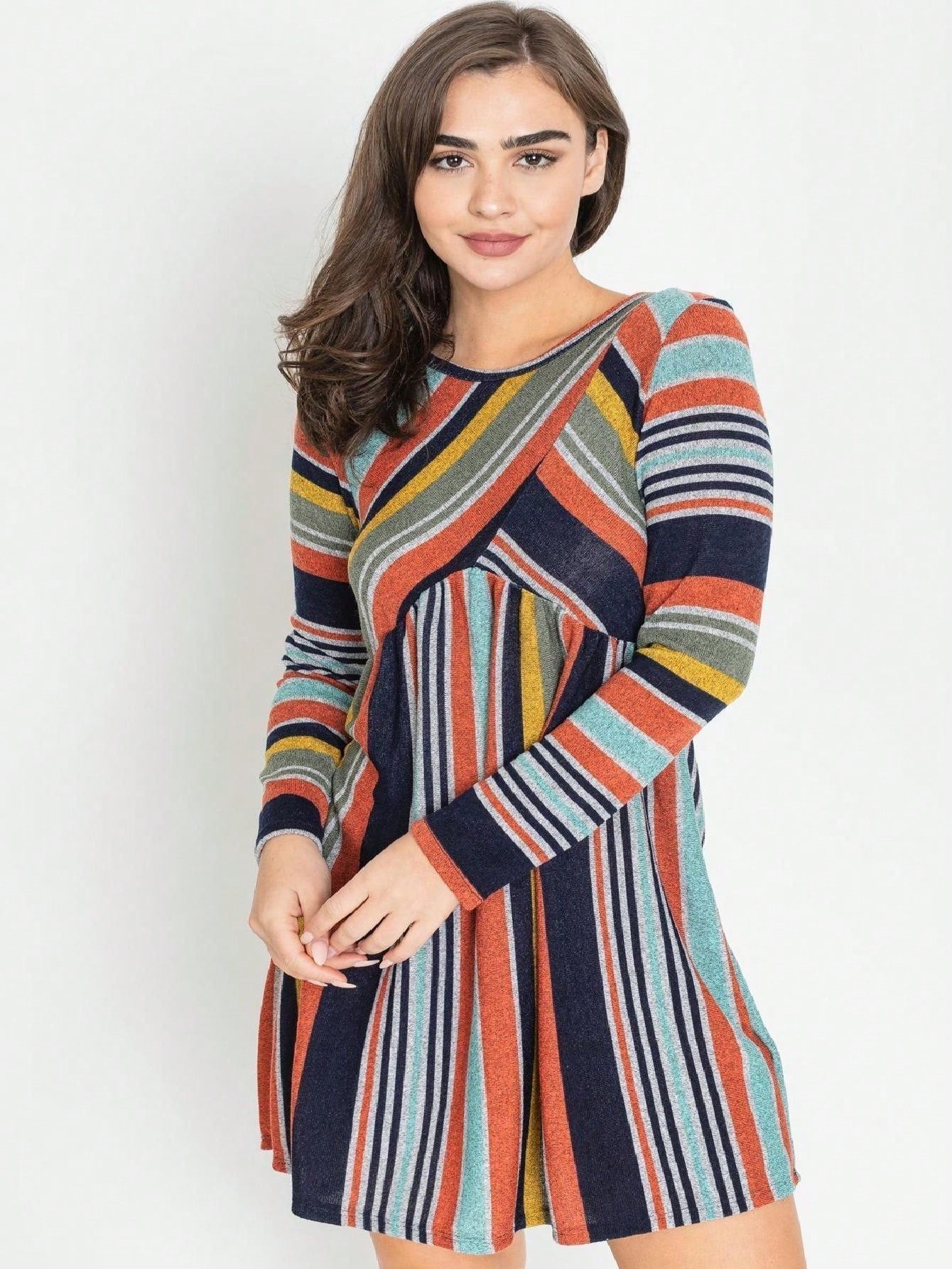 Orange & Navy Mint Multi Stripe Cross Front Knit Mini Dress | S-3X