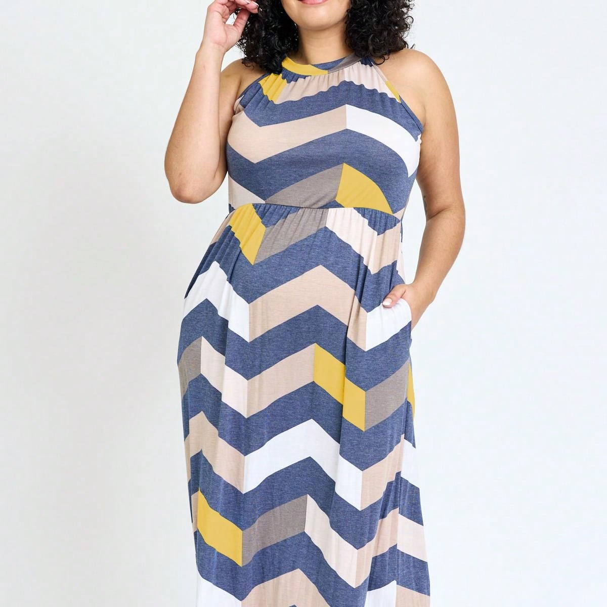 Halter Sleeveless Ditsy Floral Vacation Cruise Multi Chevron Stripe Yellow, Navy And Mint Sleeveless Maxi Dress With Pocket | S-3X