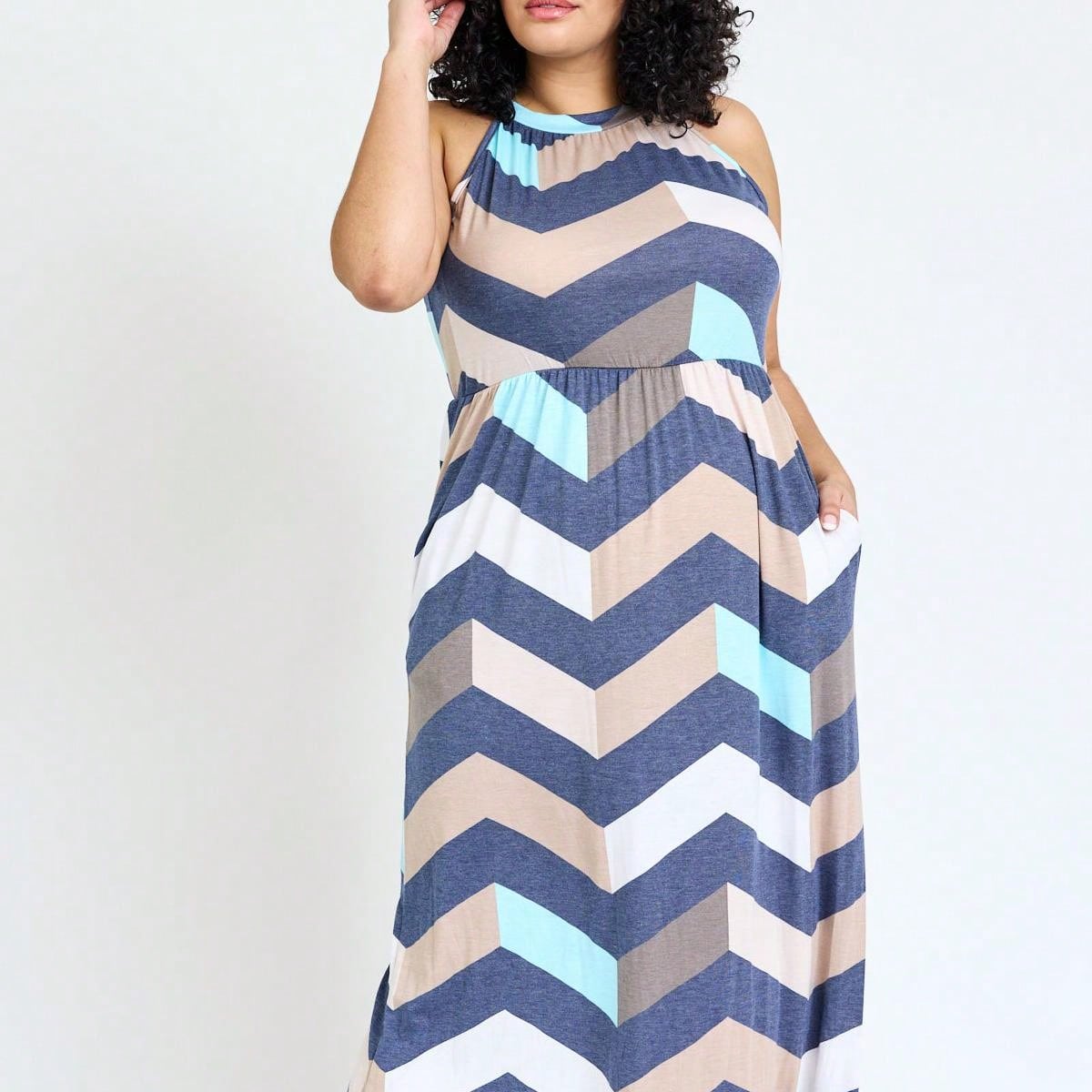 Halter Sleeveless Ditsy Floral Vacation Cruise Multi Chevron Stripe Yellow, Navy And Mint Sleeveless Maxi Dress With Pocket | S-3X