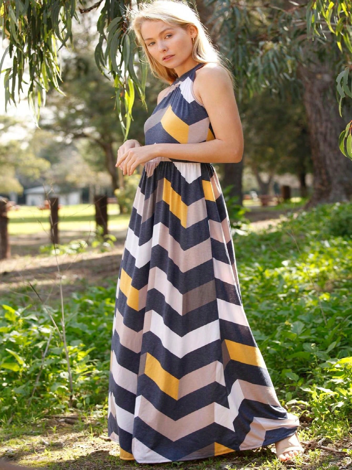 Halter Sleeveless Ditsy Floral Vacation Cruise Multi Chevron Stripe Yellow, Navy And Mint Sleeveless Maxi Dress With Pocket | S-3X