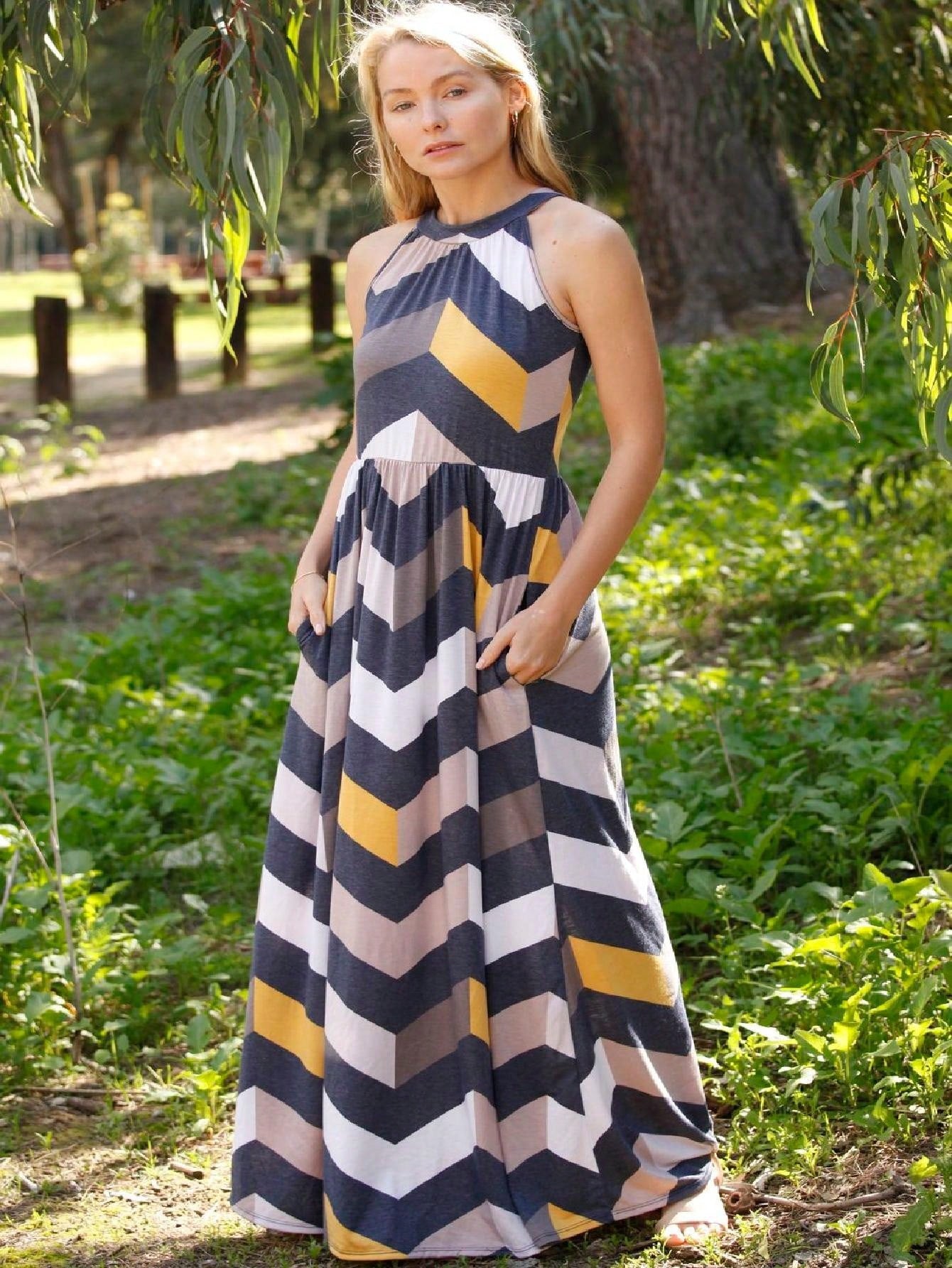 Halter Sleeveless Ditsy Floral Vacation Cruise Multi Chevron Stripe Yellow, Navy And Mint Sleeveless Maxi Dress With Pocket | S-3X
