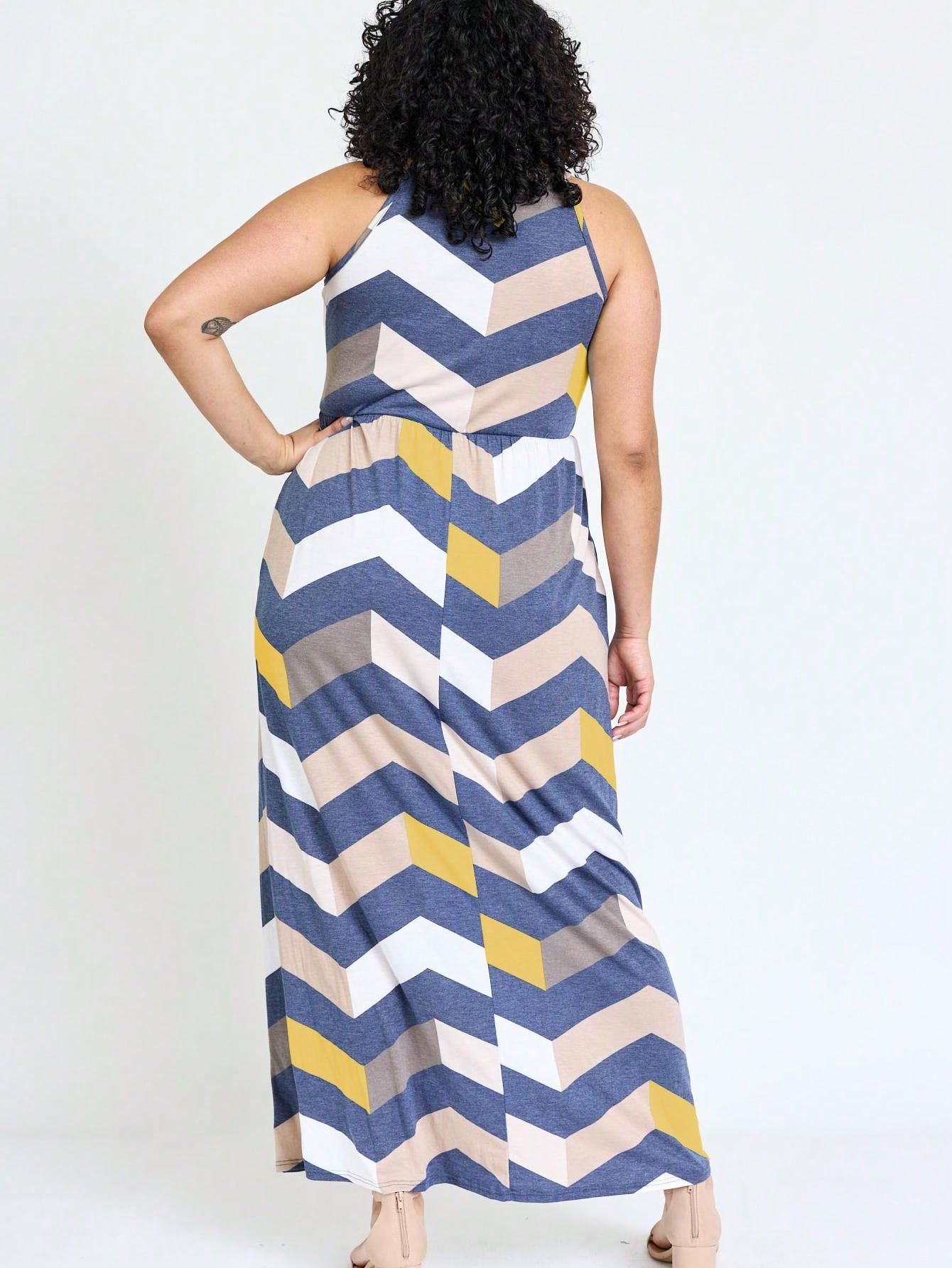 Halter Sleeveless Ditsy Floral Vacation Cruise Multi Chevron Stripe Yellow, Navy And Mint Sleeveless Maxi Dress With Pocket | S-3X
