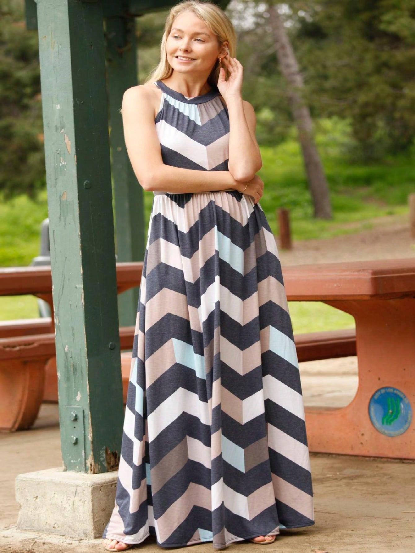 Halter Sleeveless Ditsy Floral Vacation Cruise Multi Chevron Stripe Yellow, Navy And Mint Sleeveless Maxi Dress With Pocket | S-3X