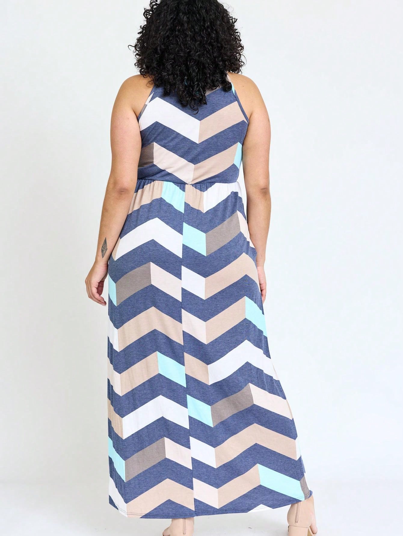 Halter Sleeveless Ditsy Floral Vacation Cruise Multi Chevron Stripe Yellow, Navy And Mint Sleeveless Maxi Dress With Pocket | S-3X