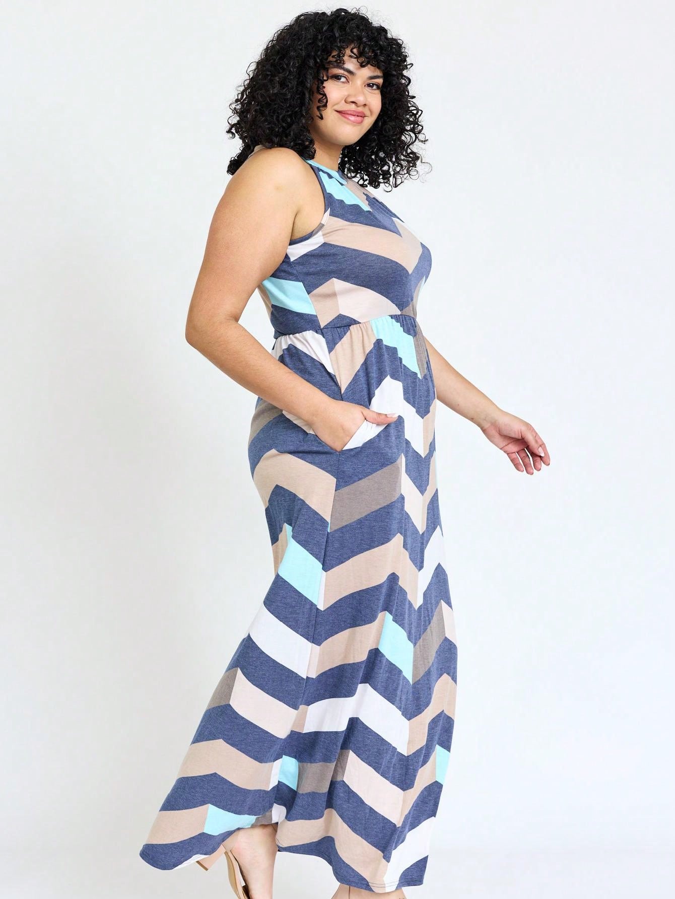 Halter Sleeveless Ditsy Floral Vacation Cruise Multi Chevron Stripe Yellow, Navy And Mint Sleeveless Maxi Dress With Pocket | S-3X