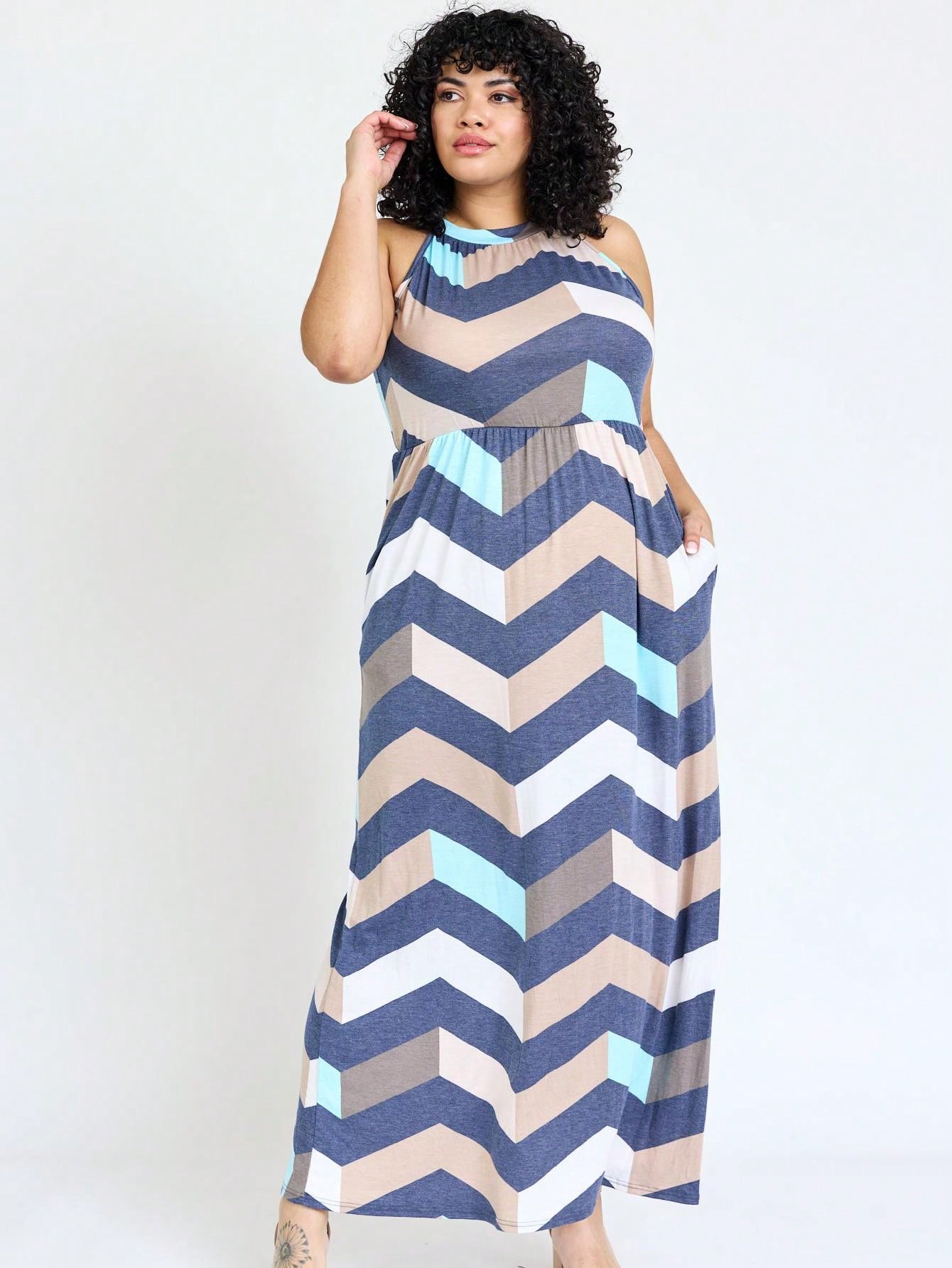 Halter Sleeveless Ditsy Floral Vacation Cruise Multi Chevron Stripe Yellow, Navy And Mint Sleeveless Maxi Dress With Pocket | S-3X