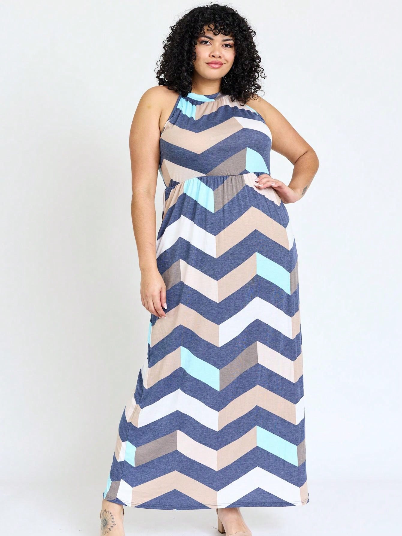 Halter Sleeveless Ditsy Floral Vacation Cruise Multi Chevron Stripe Yellow, Navy And Mint Sleeveless Maxi Dress With Pocket | S-3X