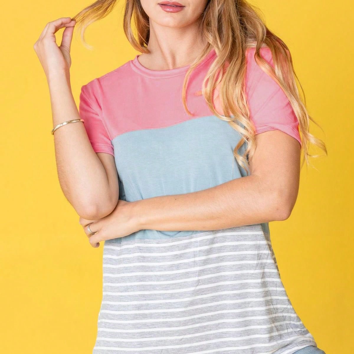Pink Lavender Blue Mint Black Grey  Stripe Color Block Short Sleeve Top Shirt  | 7 Colors | S-3X