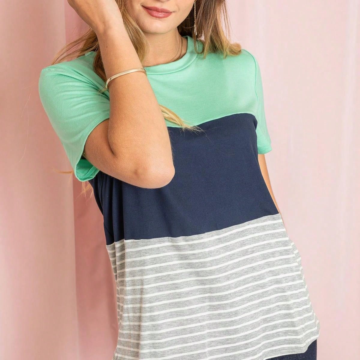 Pink Lavender Blue Mint Black Grey  Stripe Color Block Short Sleeve Top Shirt  | 7 Colors | S-3X