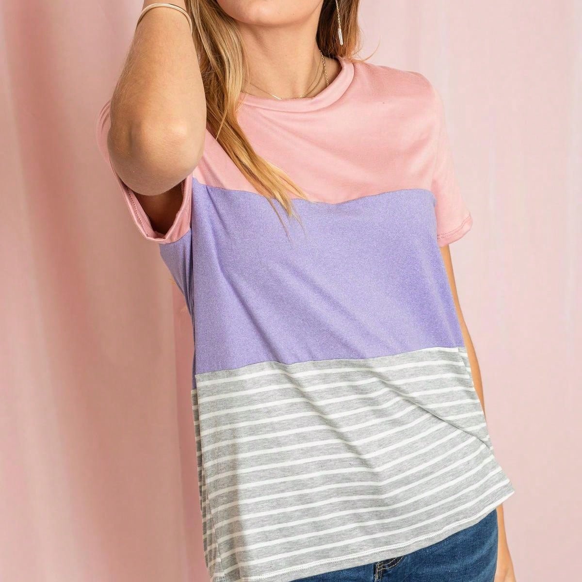 Pink Lavender Blue Mint Black Grey  Stripe Color Block Short Sleeve Top Shirt  | 7 Colors | S-3X