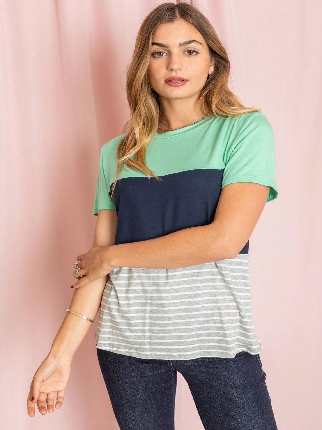 Pink Lavender Blue Mint Black Grey  Stripe Color Block Short Sleeve Top Shirt  | 7 Colors | S-3X