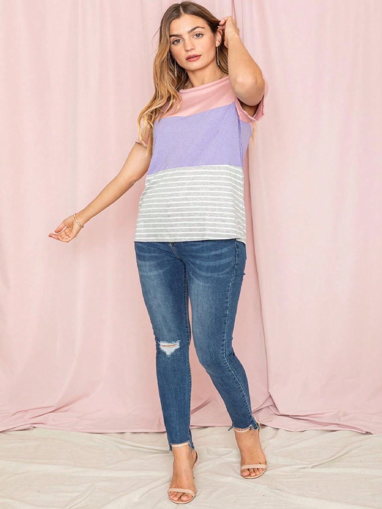 Pink Lavender Blue Mint Black Grey  Stripe Color Block Short Sleeve Top Shirt  | 7 Colors | S-3X