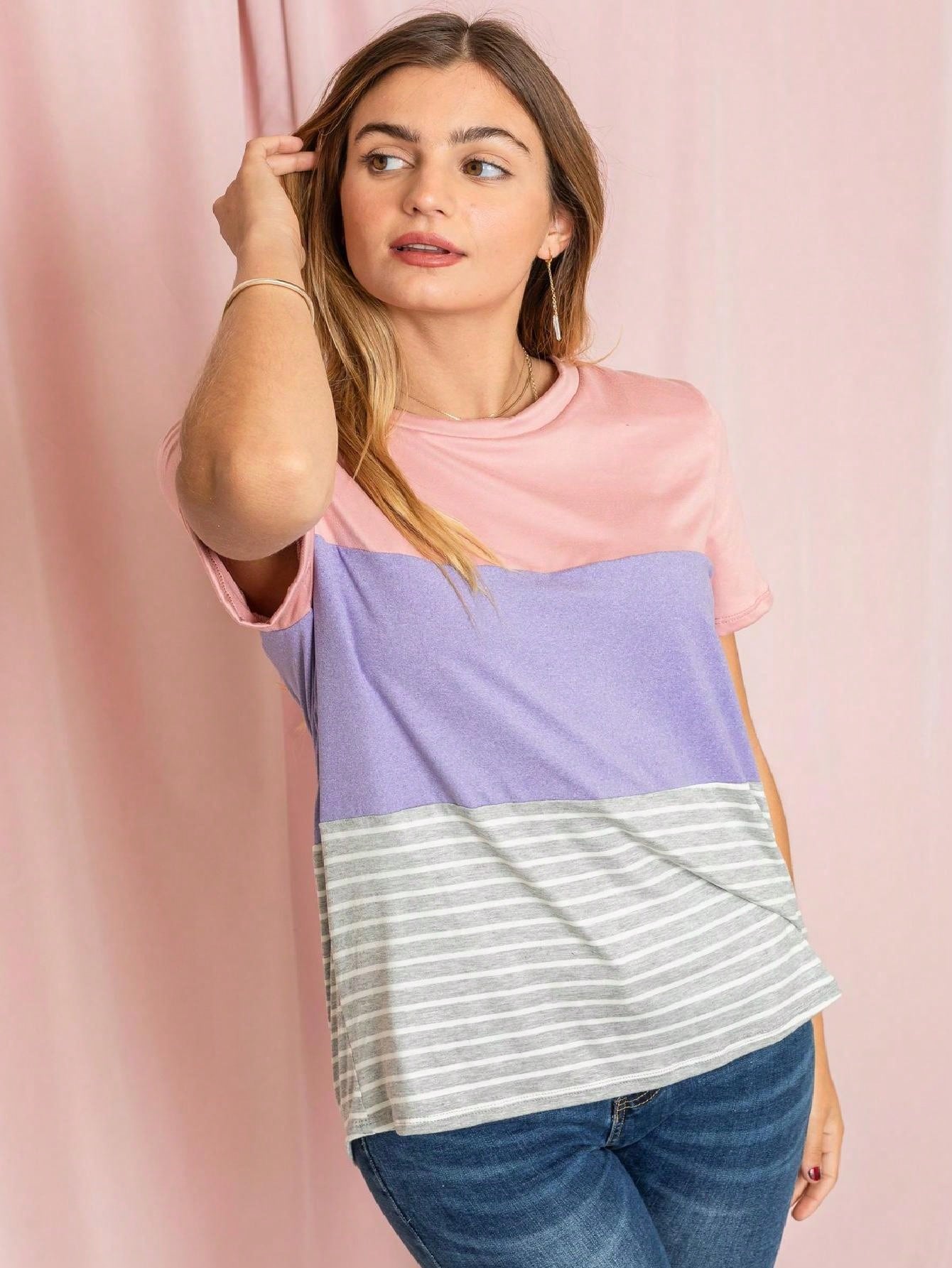 Pink Lavender Blue Mint Black Grey  Stripe Color Block Short Sleeve Top Shirt  | 7 Colors | S-3X