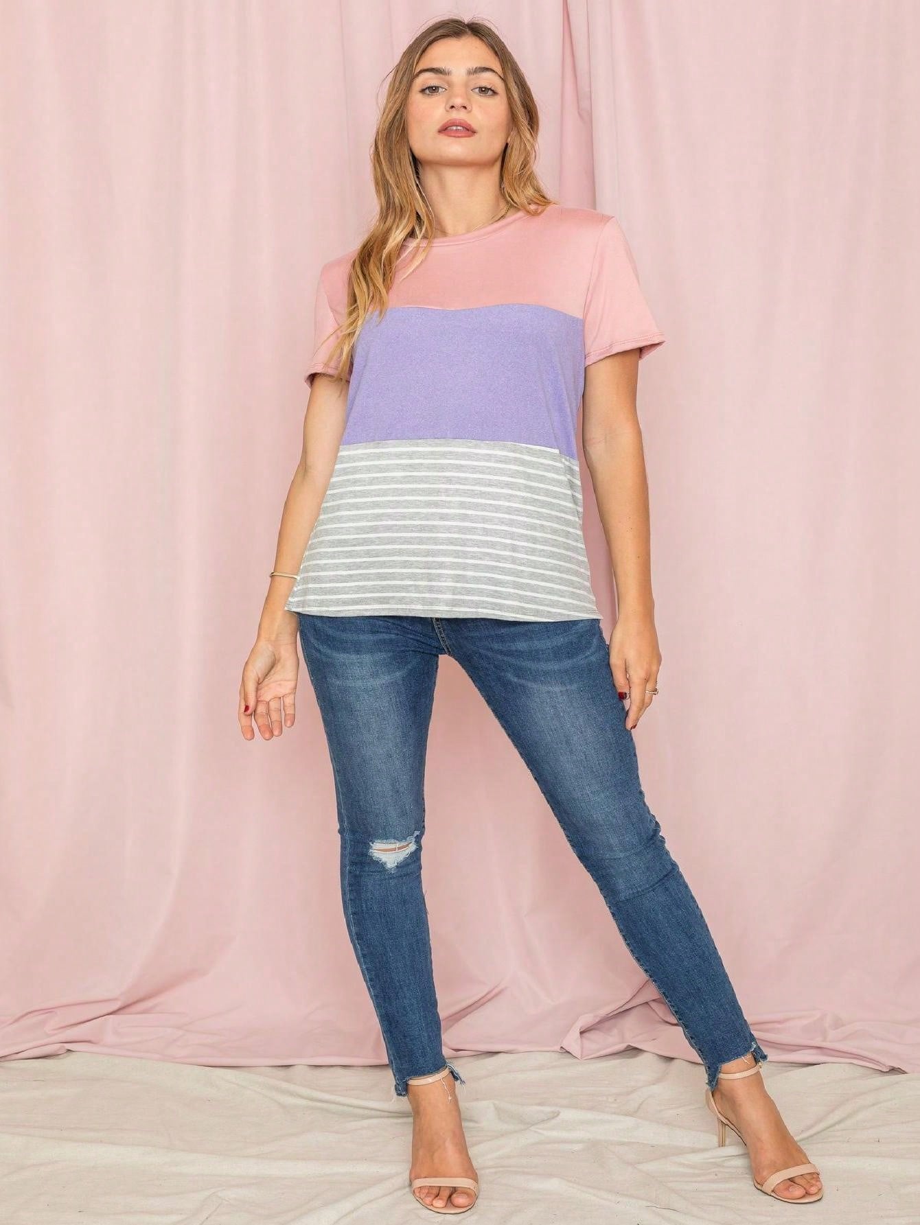 Pink Lavender Blue Mint Black Grey  Stripe Color Block Short Sleeve Top Shirt  | 7 Colors | S-3X
