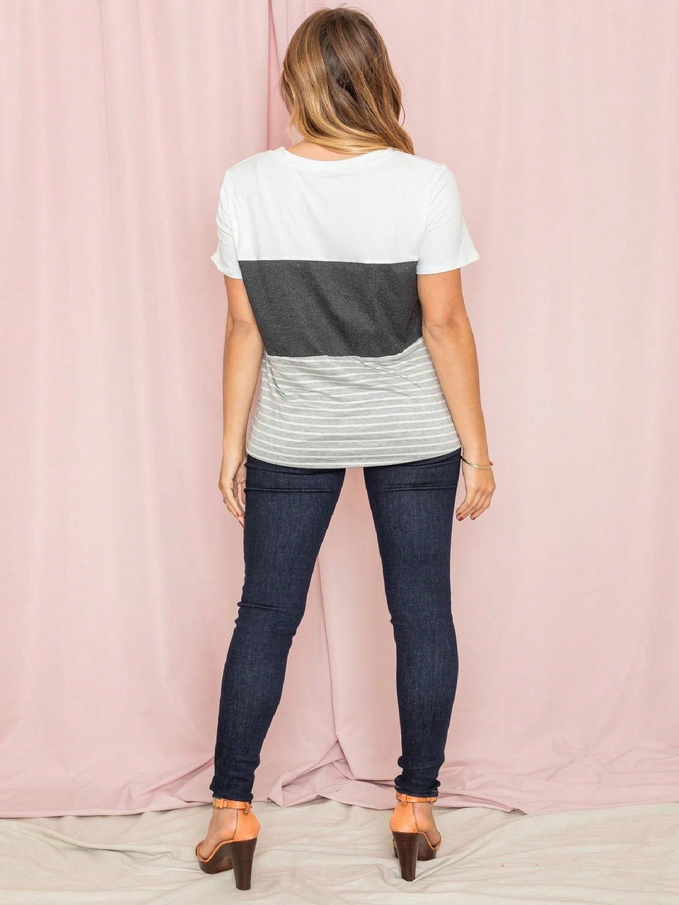 Pink Lavender Blue Mint Black Grey  Stripe Color Block Short Sleeve Top Shirt  | 7 Colors | S-3X