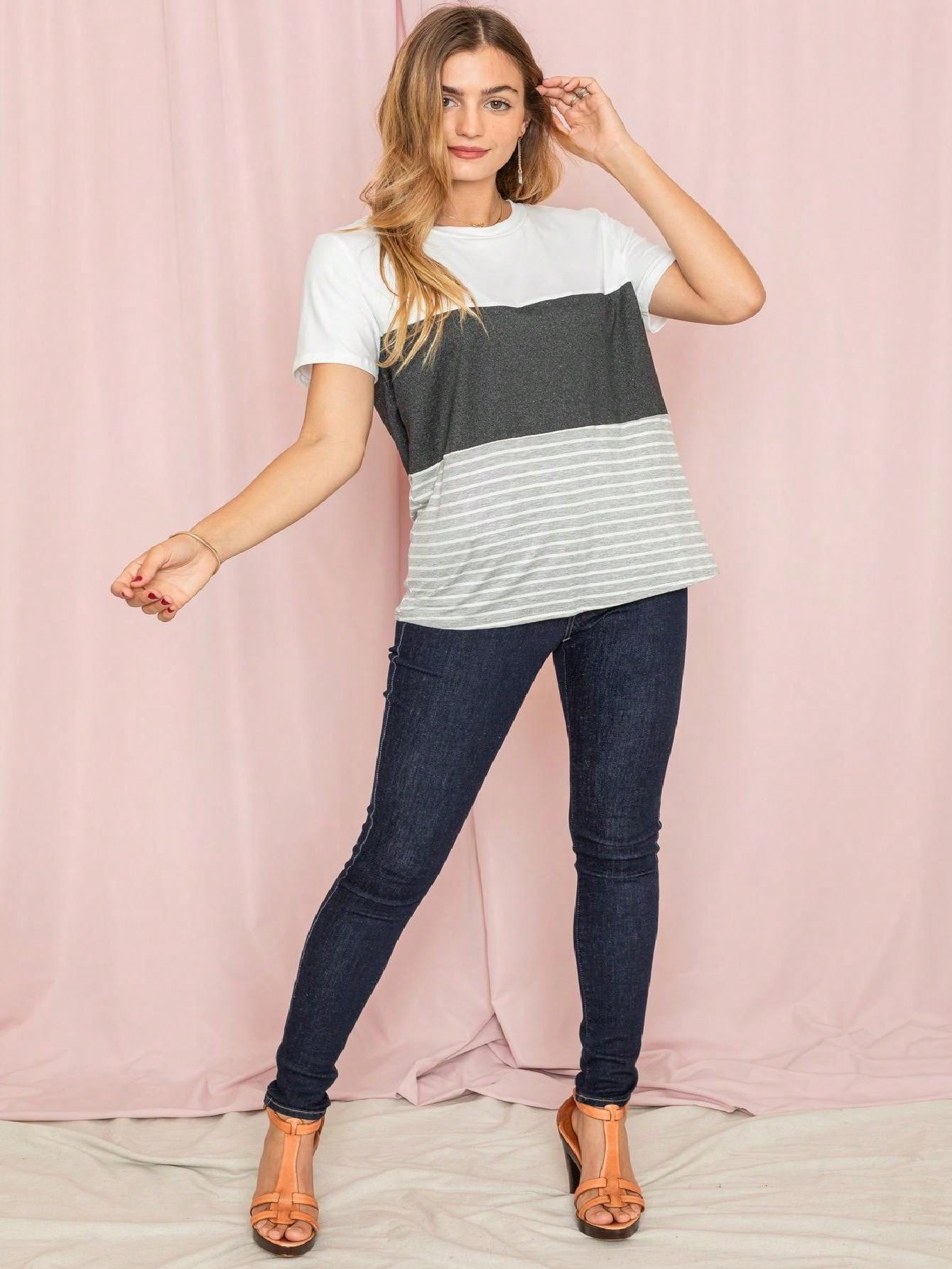 Pink Lavender Blue Mint Black Grey  Stripe Color Block Short Sleeve Top Shirt  | 7 Colors | S-3X