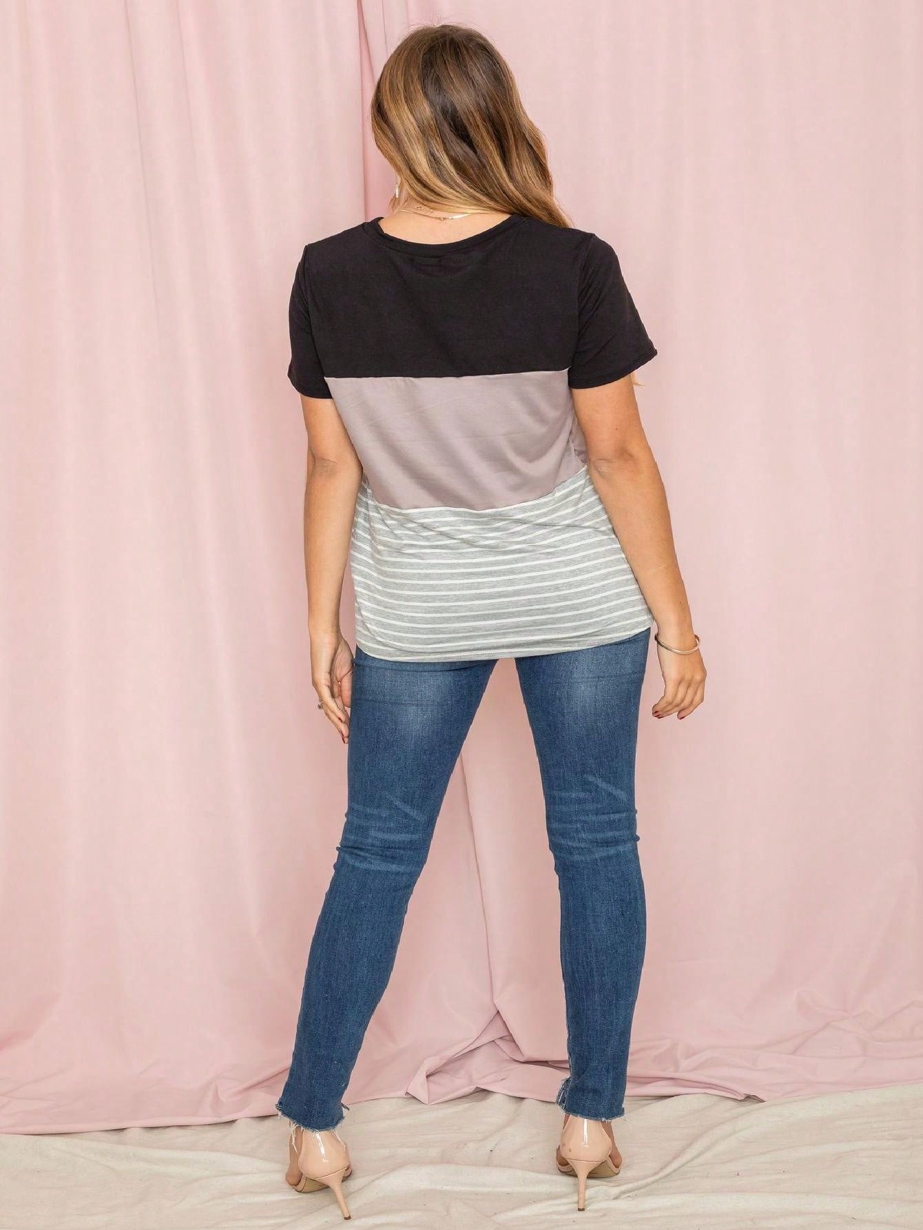 Pink Lavender Blue Mint Black Grey  Stripe Color Block Short Sleeve Top Shirt  | 7 Colors | S-3X